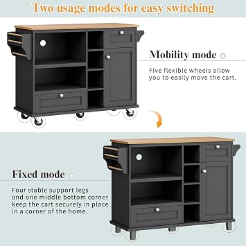 Rolling Kitchen Island on Wheels with Adjustable Shelves, Black | Kitchen Trolley with Light Brown Wooden Worktop, Storage Trolley with 2 Drawers for Home Kitchens