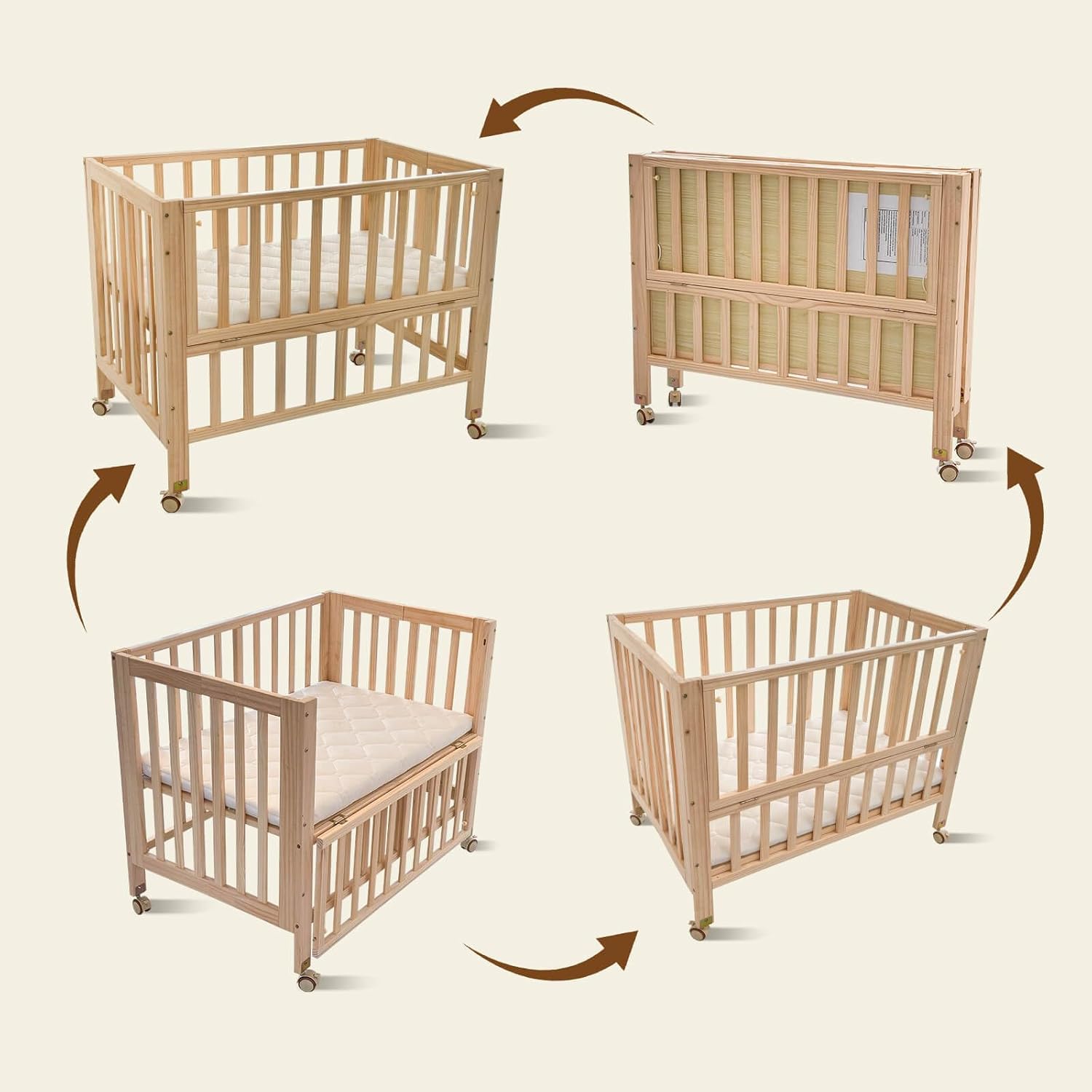 Portable Mini Baby Crib - Pine Wood Foldable 4-in-1 Baby Crib with Mattress,Portable Bedside Bassinet Sleeper,3 Adjustable-Height Baby Cribs for 0-18 Months,Unpainted