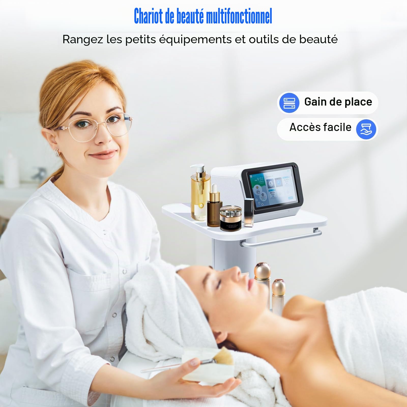 Beauté Chariot cosmétique - Chariot portable avec roulettes - Chariot multifonction pour salon de beauté - Avec compartiment de rangement - Roue de frein - Pour instruments de beauté, sanatorium