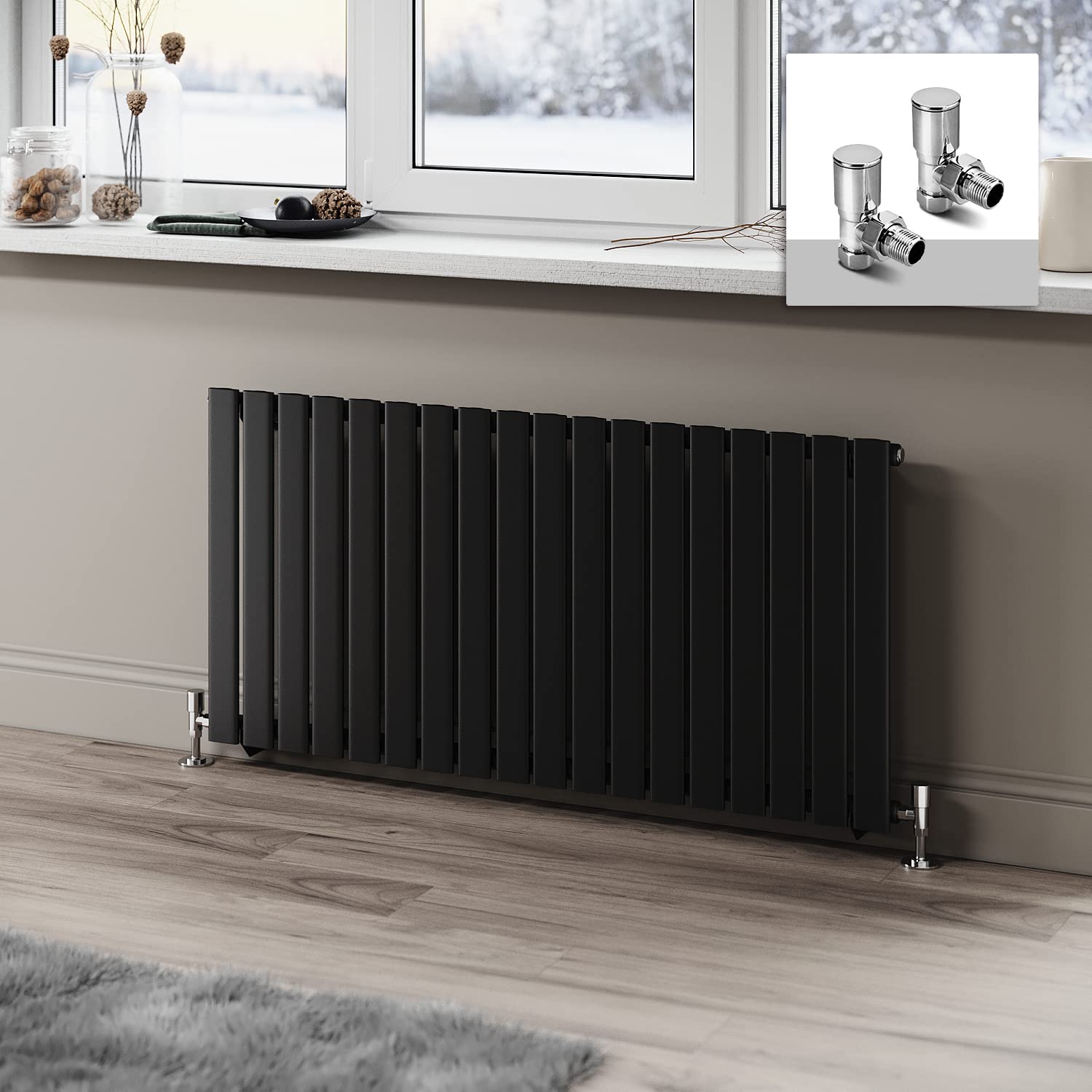 ELEGANT Black Horizontal Radiator 600 x 1224mm Flat Panel Designer Radiator Single Panel Central Heating Radiator with Chrome Angled Radiator Valves