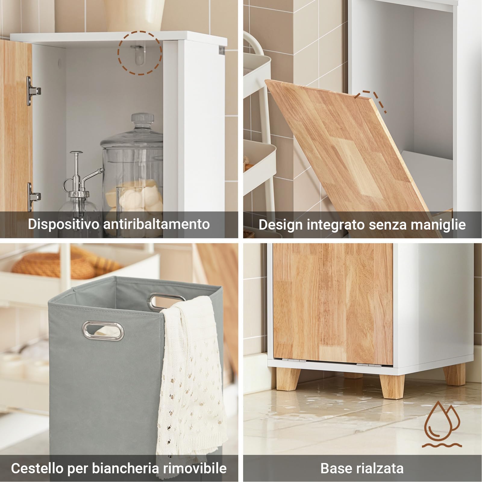 SoBuy Mobile Bagno - Mobiletto Bagno Salvaspazio con Cesto Portabiancheria Pieghevole, Mobile Alto e Stretto in Legno Resistente all’Umidità, Bianco, 31x170x32 cm, BZR74-W