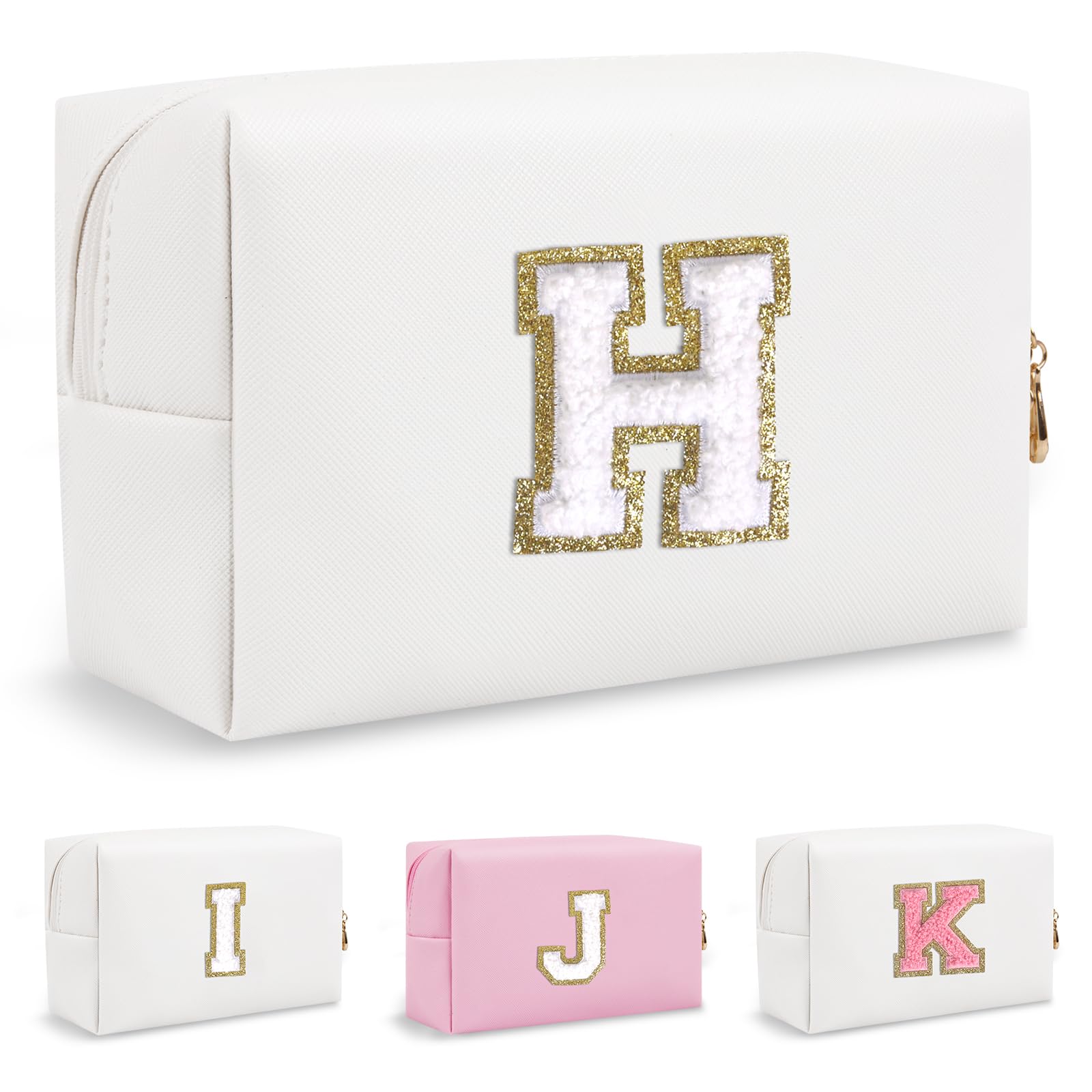 Personalized Chenille Letter Preppy Makeup Bag, Small White Travel Cosmetic Bag Initial Toiletry Zipper Pouch Monogram Makeup Storage, Waterproof Makeup Storage Travel Essentials for Women(Letter H)