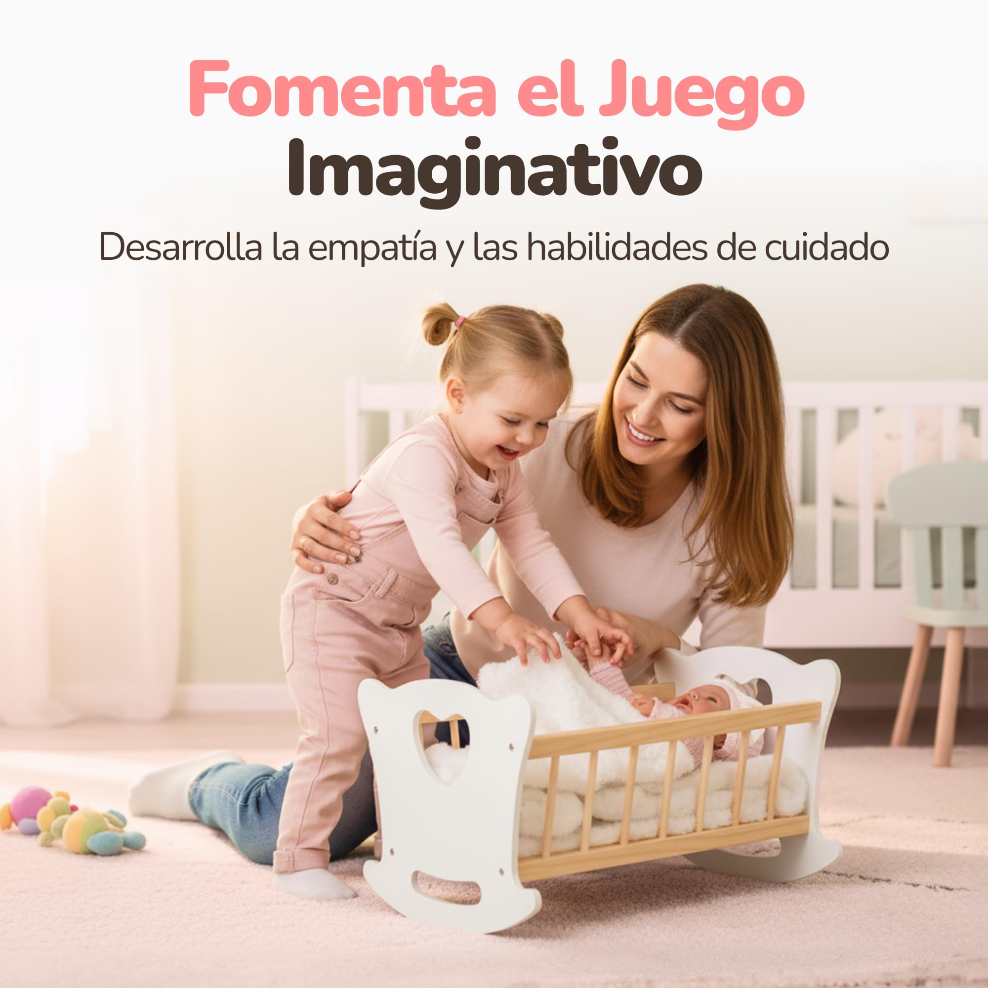 Kinderplay - Cuna de Madera con Ropa de Cama para muñecas de hasta 49,5 cm, Juguete de Madera para niñas a Partir de 3 años, Cuna sostenible para Juegos de rol y Regalo para niños
