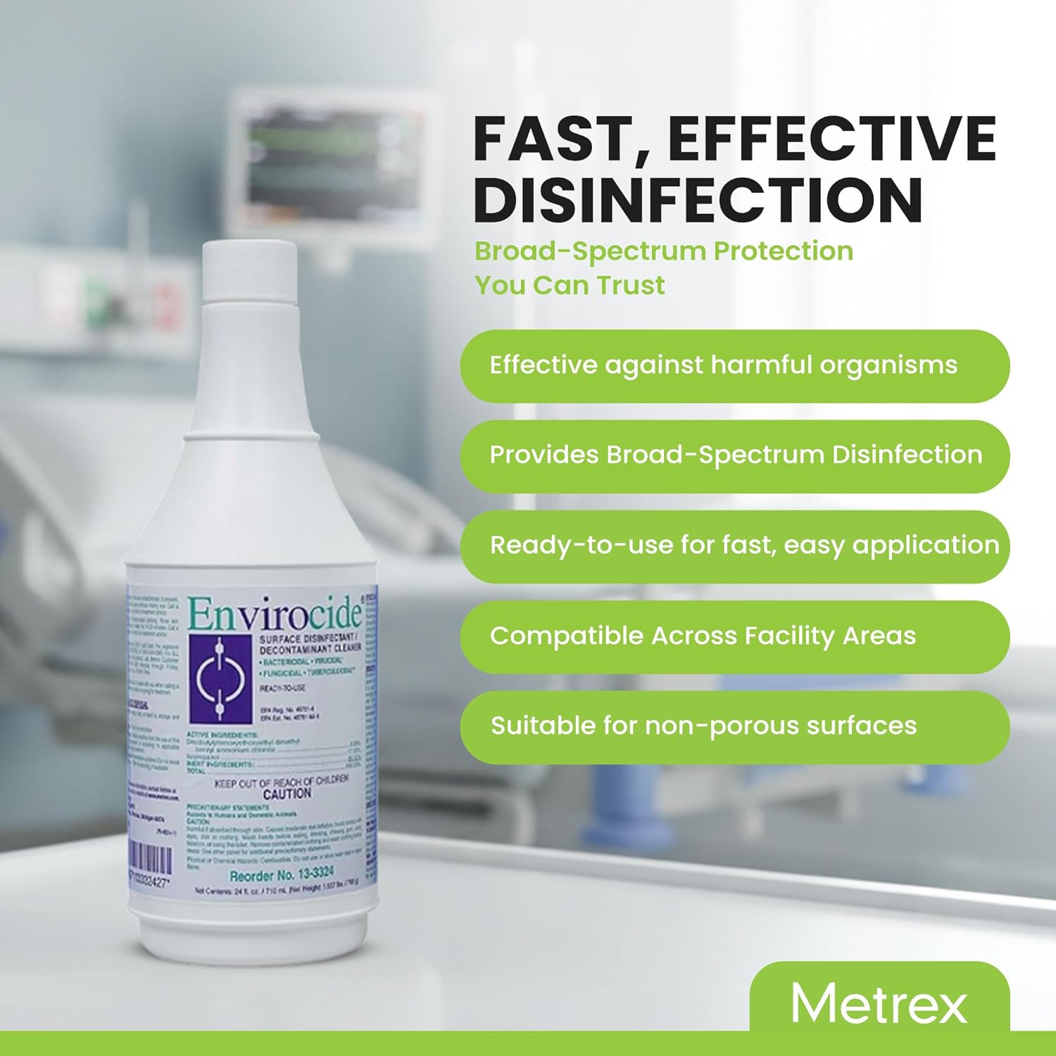 Metrex Envirocide Ready-to-Use Surface Disinfectant Cleaner & Decontaminant – Broad-Spectrum Formula, for Healthcare, Institutional & Facility Surfaces – 24 oz Bottle (Case of 12)