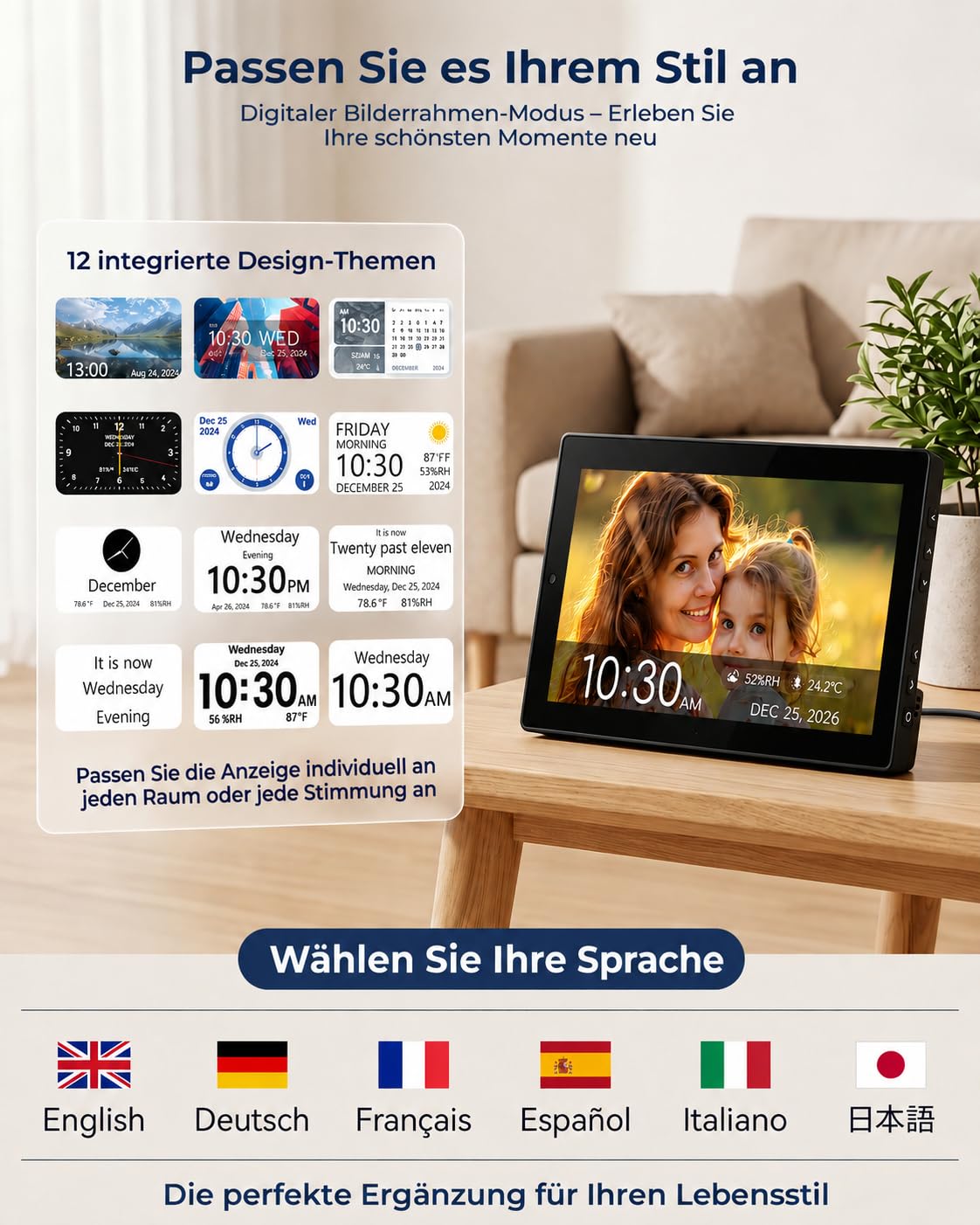 ROCAM 10,1" Demenz Uhr für Senioren, Digitaler Wecker mit Kalender | 20 Alarmen und Erinnerungen, Großes IPS Display, Datum, Wochentag, Temperatur, Luftfeuchtigkeit, Foto-Diashow über USB/SD