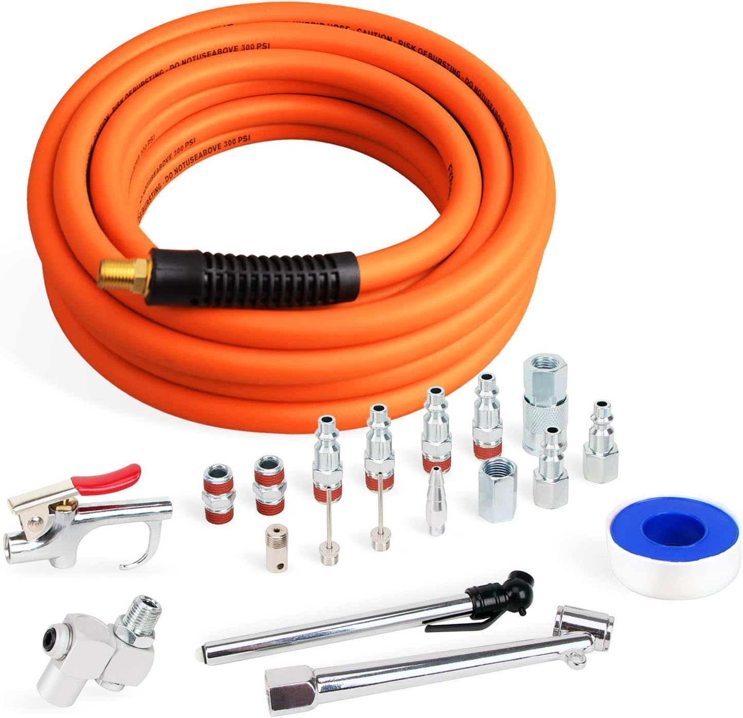 FYPower 20 Pieces Air Compressor Accessories kit, 3/8 inch x 25 ft Hybrid Air Compressor Hose Kit, 1/4" NPT Quick Connect Air Fittings, Tire Gauge, Chuck, Blow Gun, Swivel Plugs
