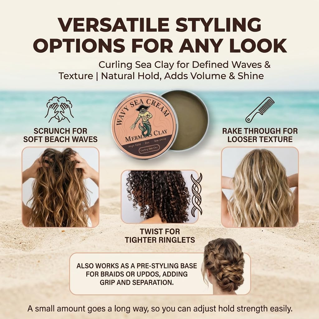 Mermans Curling Sea Clay, for Defined Waves & Texture, Natural Hold, Adds Volume & Shine to Curls, Adds Volume & Shine, Curl Defining Cream for Curly & Wavy Hair