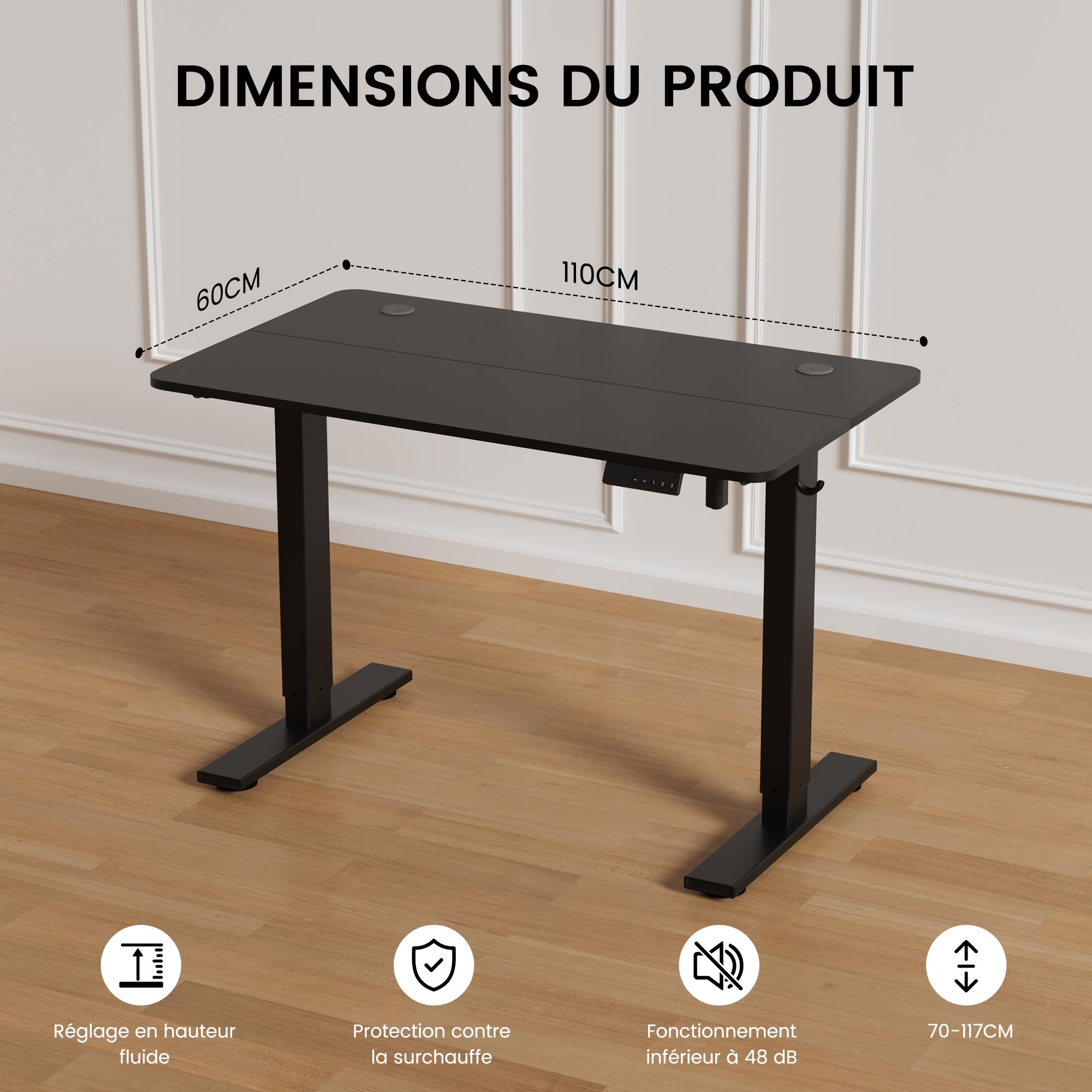 Bureau 60x110 cm, électrique, réglable 70–117 cm, avec mémoire et Anti-Collision, idéal pour Bureau, télétravail et Gaming (Noir)