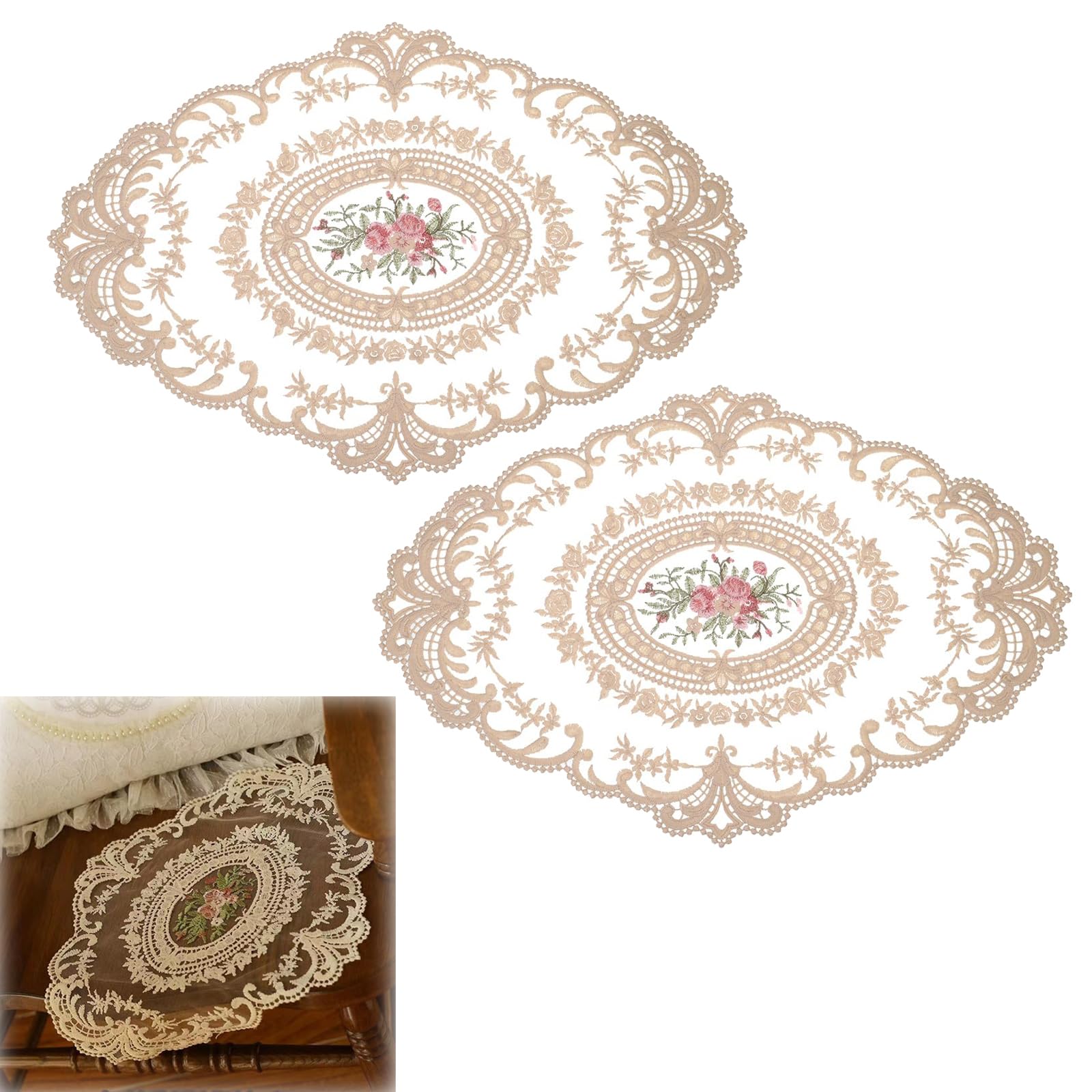 Duomama Vintage Lace Placemats Set of 2 | French Crochet Doilies | Handmade Embroidered Table Mats | Beige Cup Mats | Elegant Dining Accessories | 12.6x17in | Rustic Home Décor