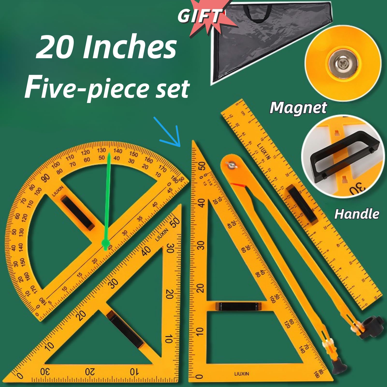 Set di righelli triangolari magnetici, lavagna e goniometro con manico, strumenti per insegnare matematica per insegnanti e architetti