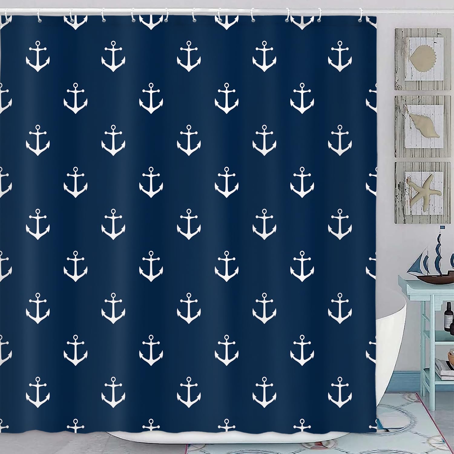 DYNH Nautical Anchor Extra Long Shower Curtain for Bathroom, Navy Blue Beach Coastal Beachy Fabric Shower Curtains Set Decorative, White Ocean Men Boys Kids Restroom Decor Accessories 72X84 Inch