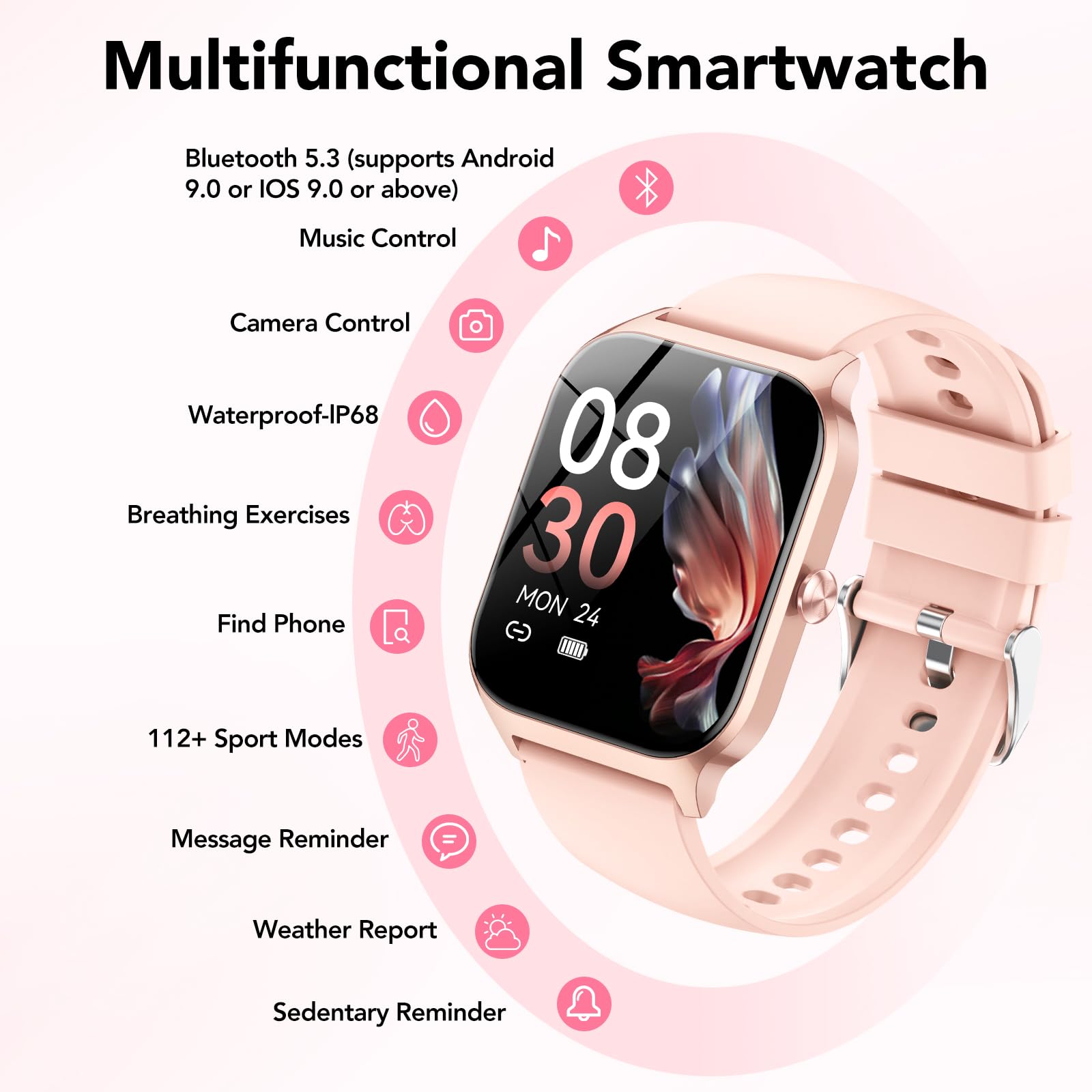 Reloj Inteligente Mujer Hombre,1.85" HD Smartwatch con Llamadas y Voz de Al,WhatsApp Notificaciones, Smart Watch con Podómetro/Pulsómetro/Monitor de Sueño,115+ Modos Deportes, IP68 Impermeable Rosa