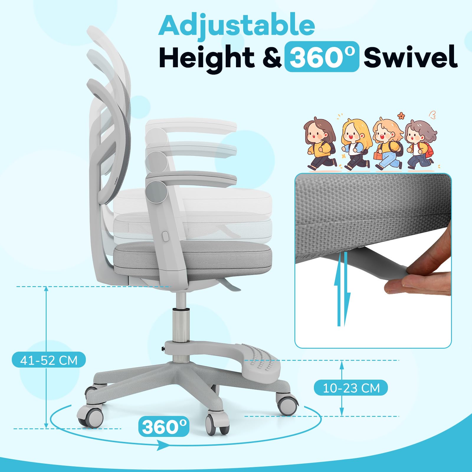 LIFEZEAL - Silla de Oficina Infantil Giratoria 360° con Reposapiés, Silla de Estudio con Altura Ajustable, Apoyabrazos Elevables, Silla Ergonómica para Niños, Carga 150 kg (Gris)