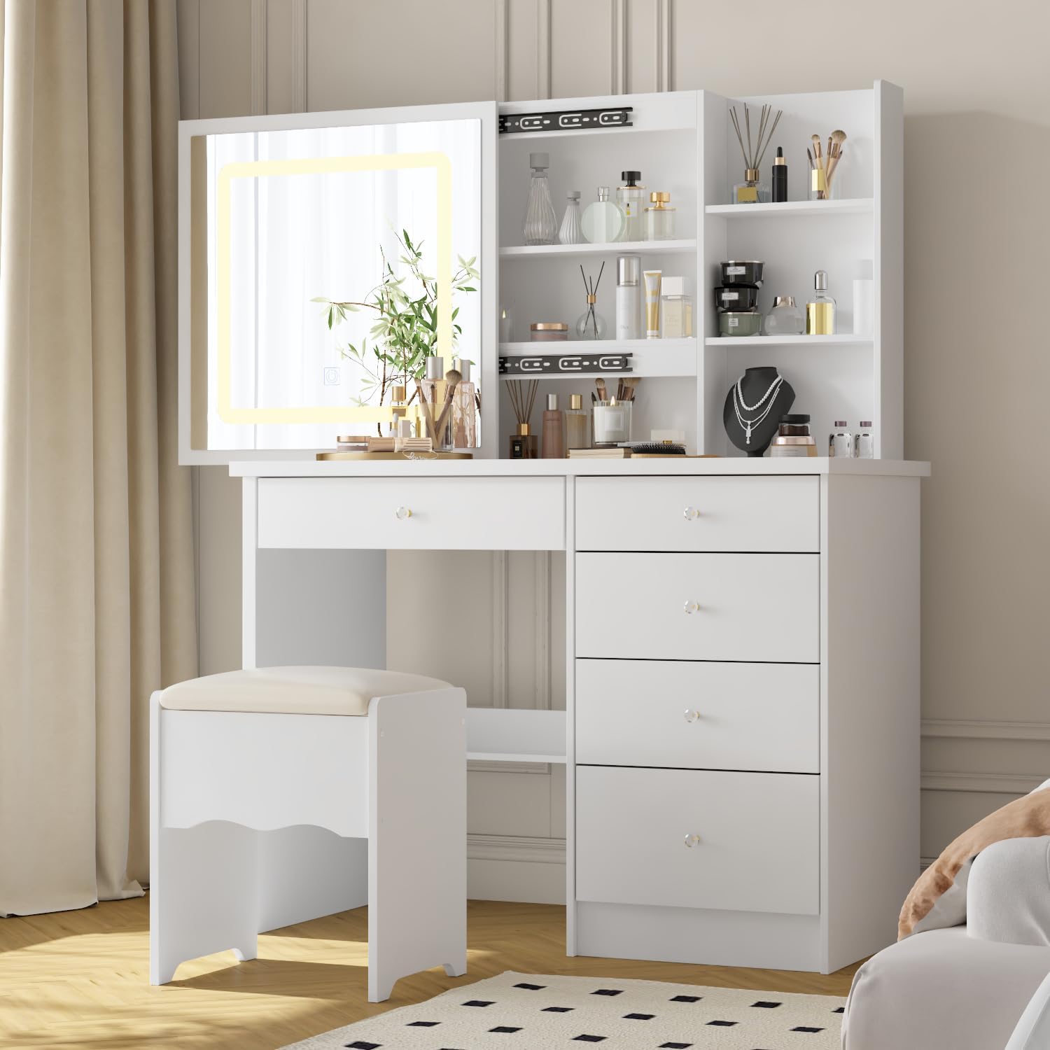 AIEGLE Large Vanity Desk Set with Lighted Sliding Mirror, Makeup Vanity Adjustable in 3 Colors, Dressing Table with Drawers & Cushioned Stool, White - Sliding Lighted Mirror