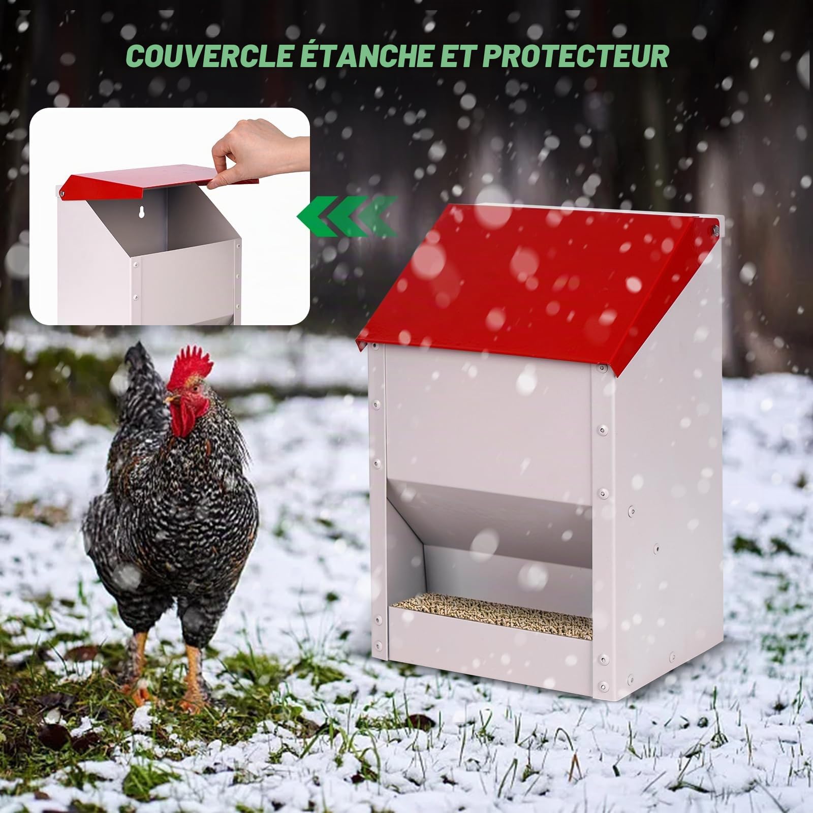 Distributeur de Nourriture Automatique pour Volaille 4,5 kg – Galvanisé avec Couvercle Suspendu, Mural pour Poulet Canard Extérieur