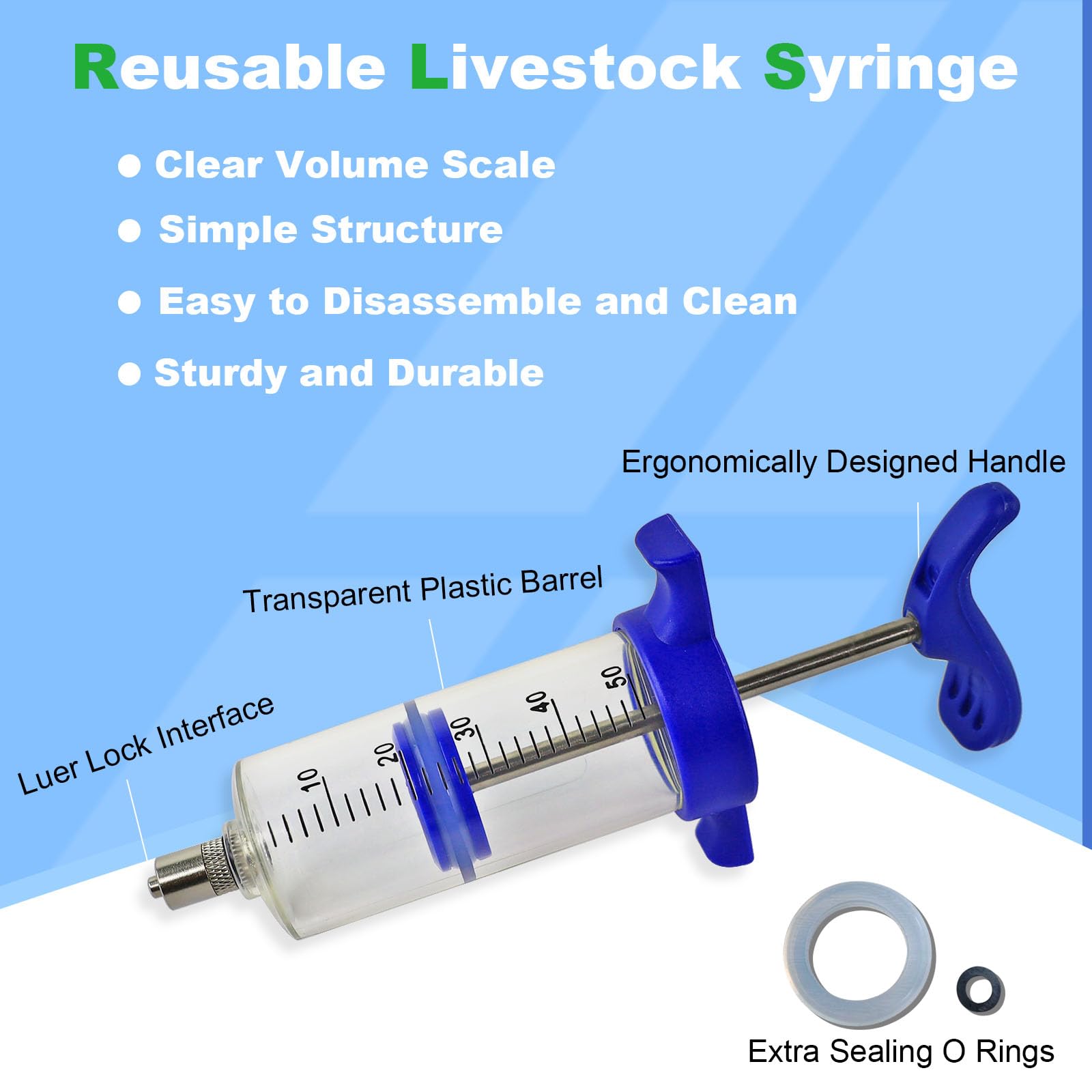 50ML Luer lock Tip Syringe with Clear Volume Scale Reusable Livestock Syringe for Cattle Horse Sheep Goat Pig Dog Cat