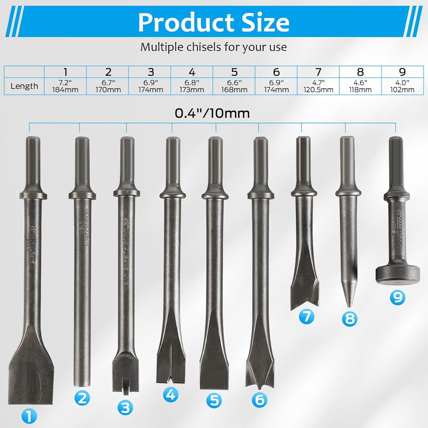 Air Hammer Chisel Set 9pcs Pneumatic Hammer Chisel Bits Air Hammer Punch Set Air Hammer Bits for Tile Masonry Concrete Brick Stone Work