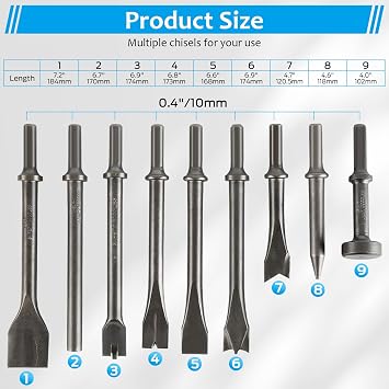 9pcs Pneumatic Air Hammer Bits Air Hammer Chisel Bits | made of heat-treated carbon steel,Quenched and tempered, resistant to breakage