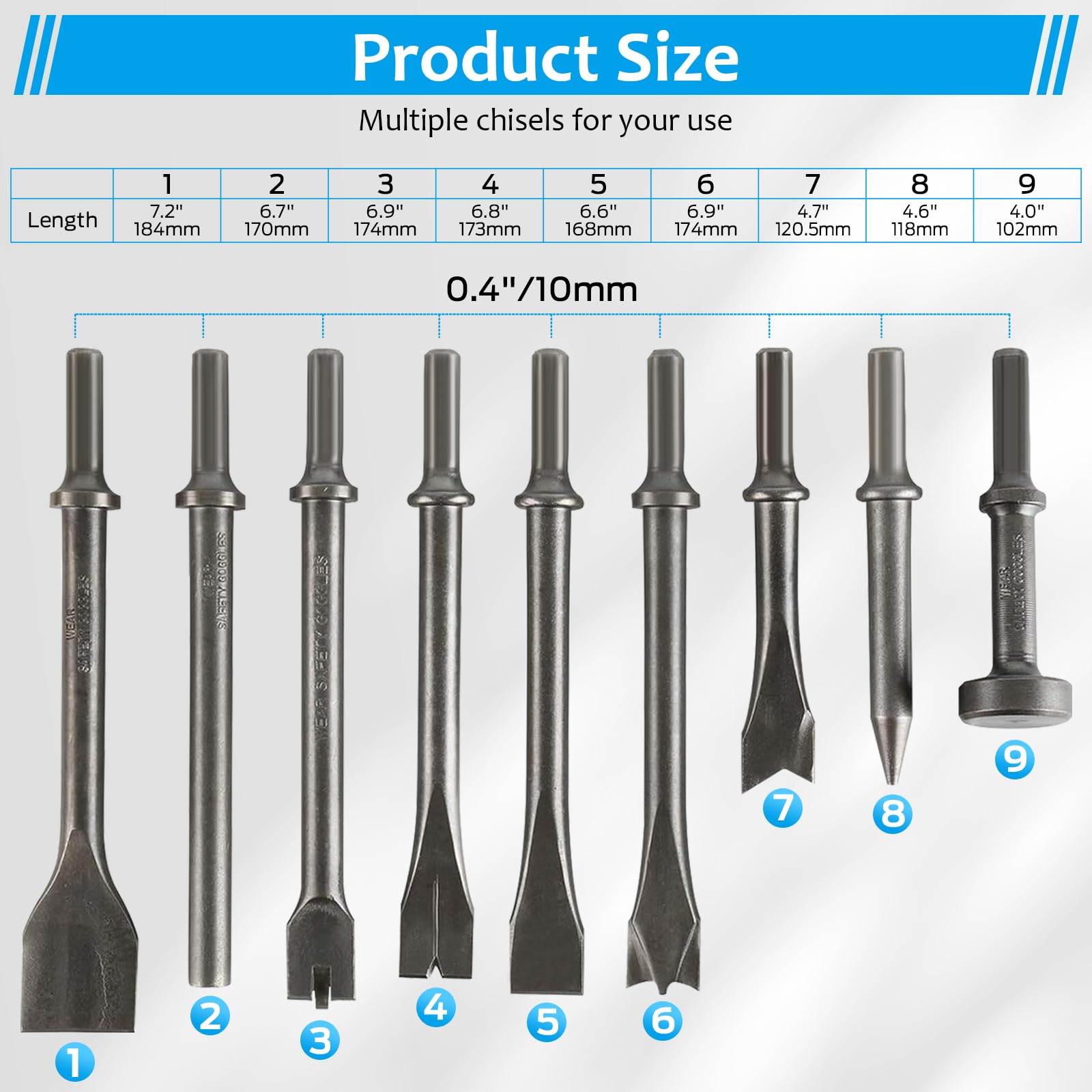 Rust Removal Chisel Roll Pin 9Pcs Metal Air Hammer Bits Set For Rust Removal Drilling ...