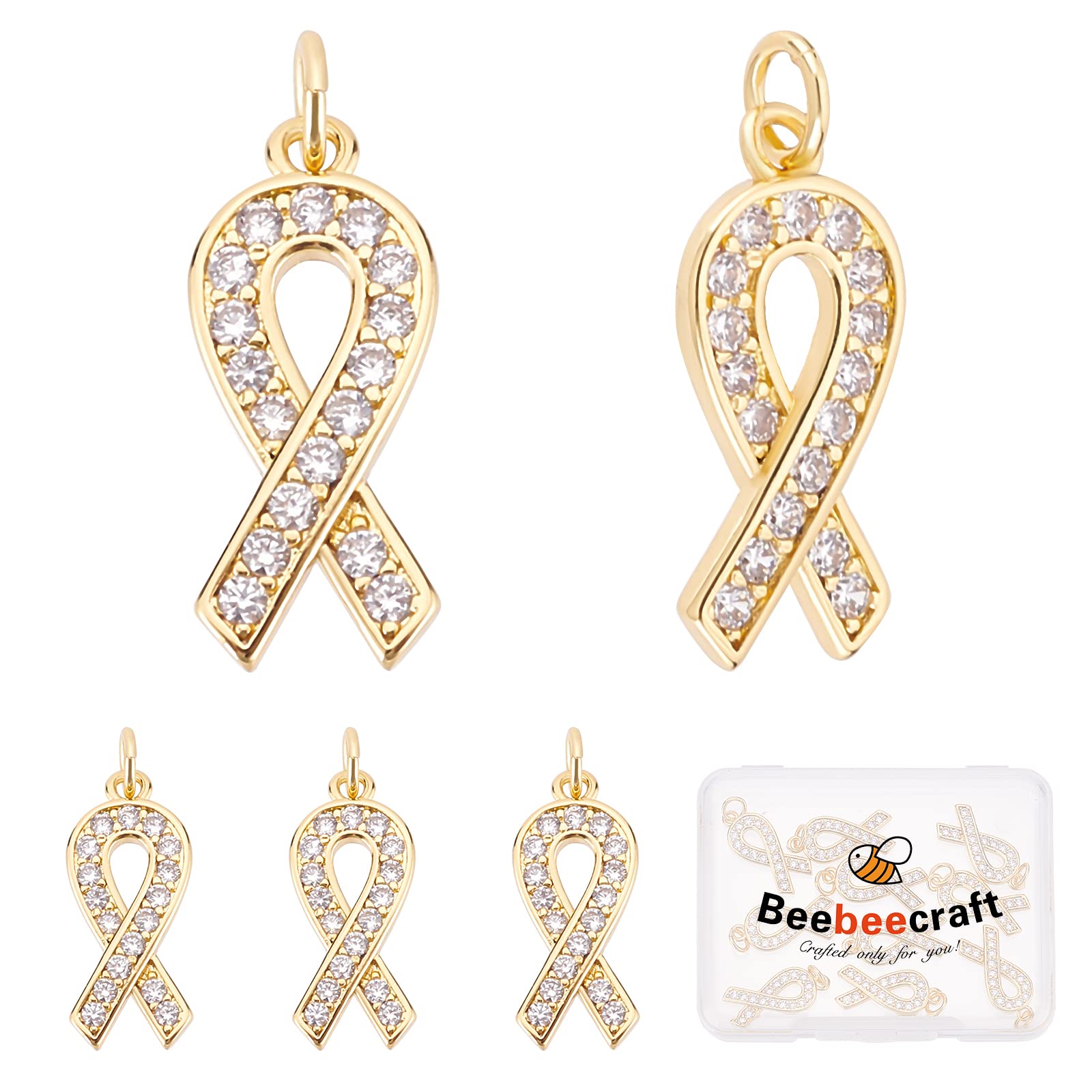 Beebeecraft 1 boîte 15 pièces Coeur Ruban Rose Breloques en Laiton Plaqué Or 18K Sensibilisation au Cancer du Sein Pendentifs en Zircone Cubique Breloque avec Anneau de Saut pour Bijoux