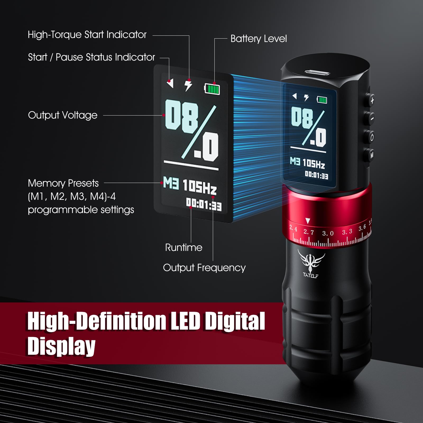 TATELF Kit Wireless Completo con Doppia Batteria 2300mAh (10 Ore), Macchinetta Rotativa 7 Corse Ago, Display LED, 20 Accessori, Inchiostri e Aghi per Principianti e Professionisti