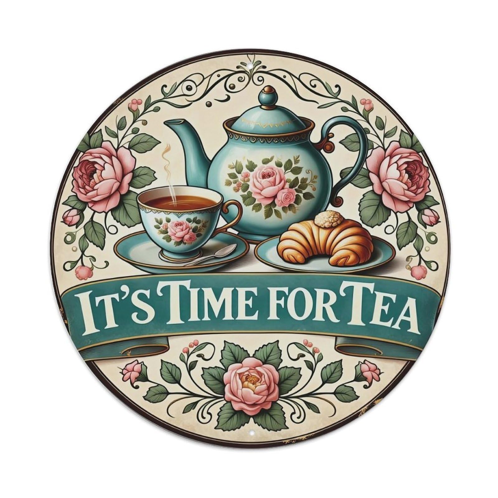 Tea Pot Cup Rose Flower Metal Tin Sign