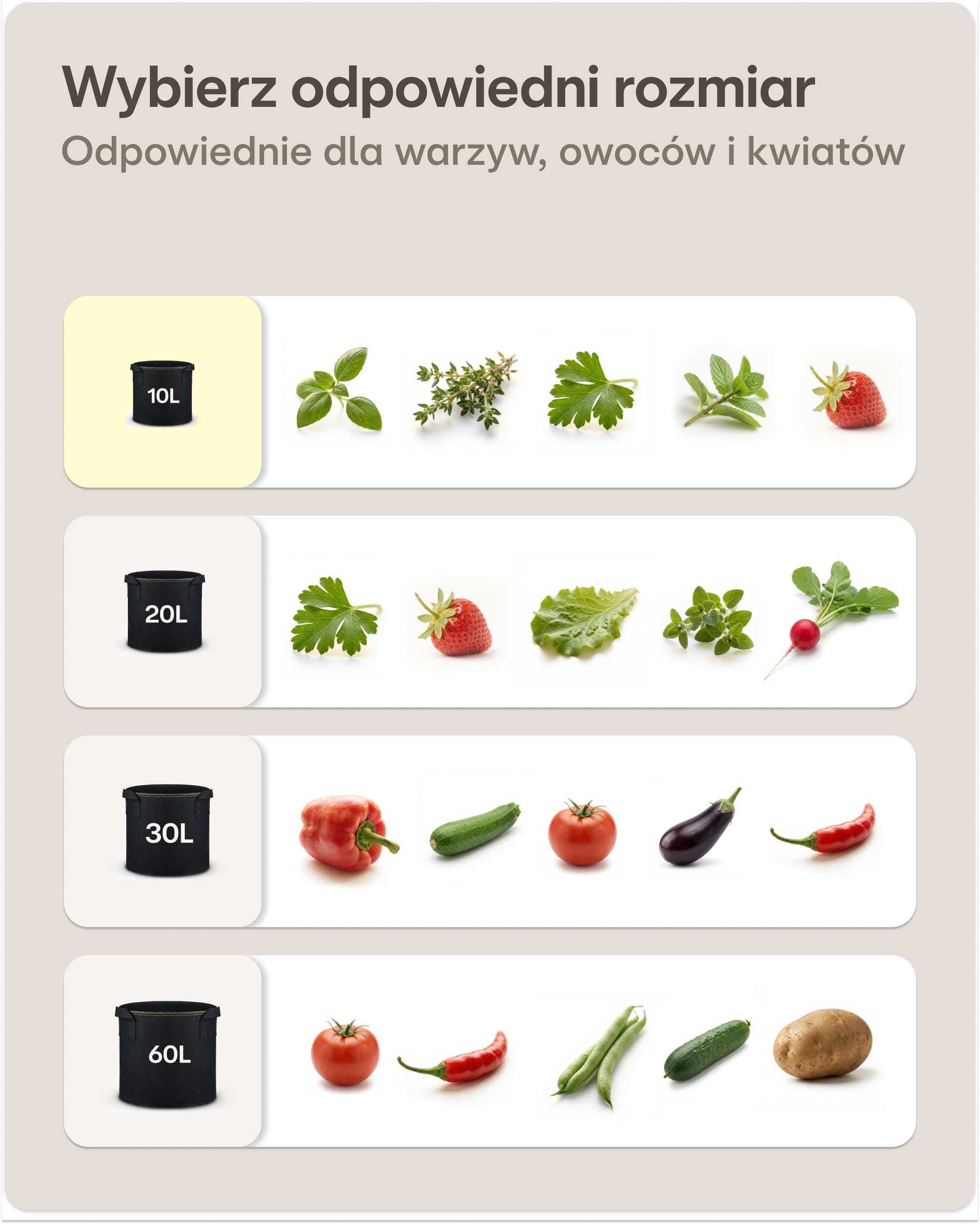 Worek do sadzenia 10L - 5 Worek na rośliny z etykietami - Z uchwytem - Na zioła, kwiaty, truskawki.