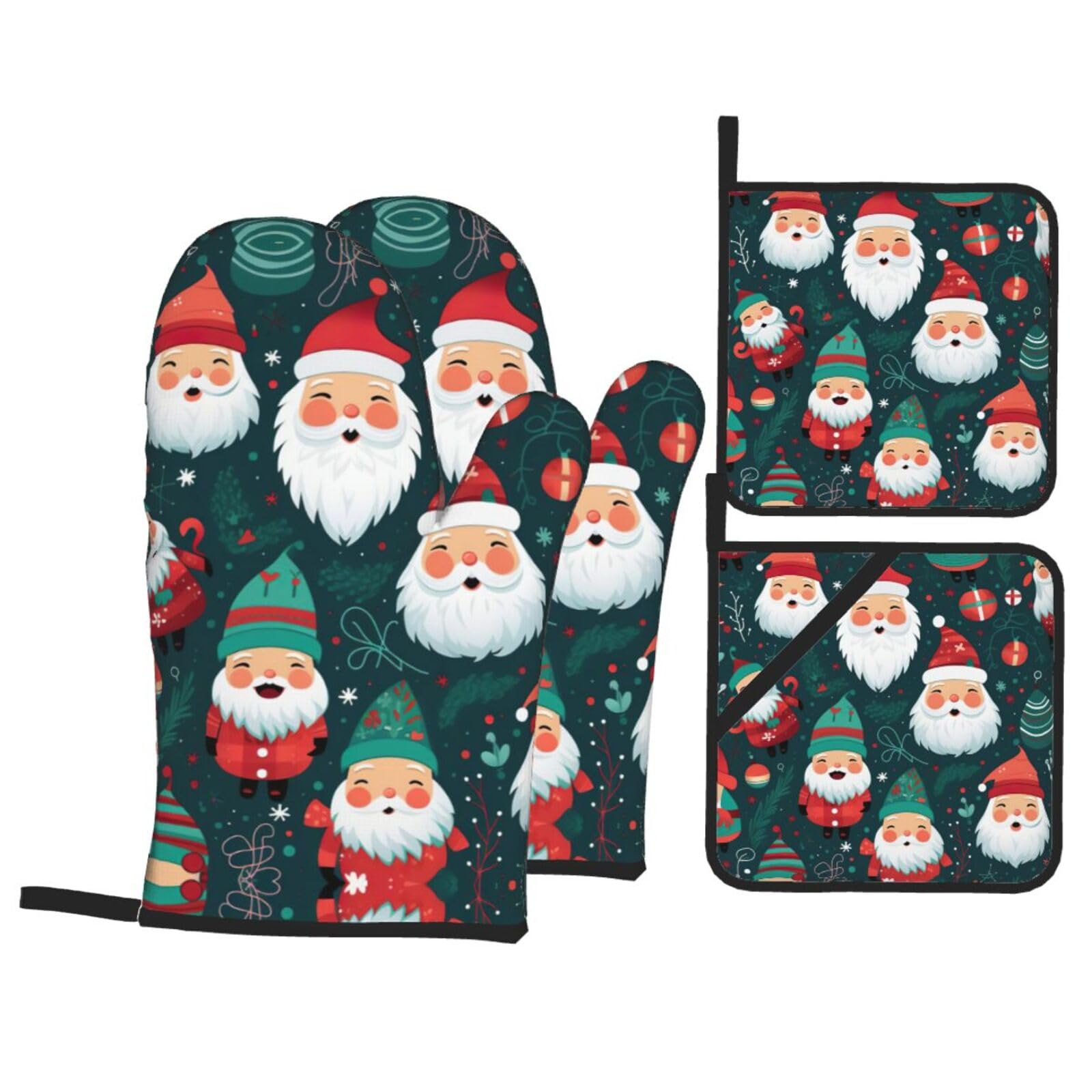 Christmas Cartoon Santa Claus Print Stylish 4-Piece Microwaving Oven Waterproof Kitchen Gloves Baking Holiday Cooking