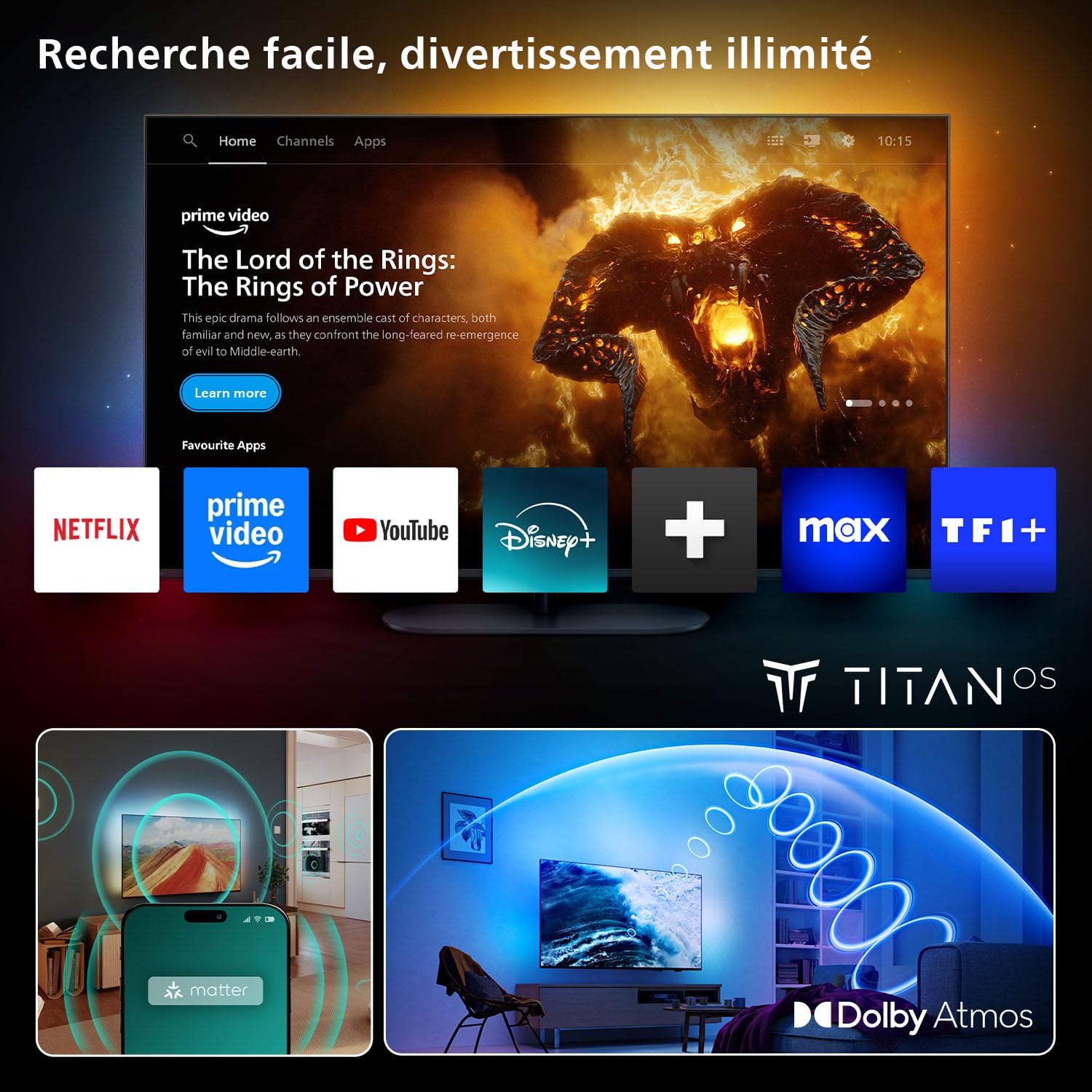 Philips Ambilight 43PUS8200 4K LED Smart TV - Écran 43 Pouces avec Plateforme Pixel Precise Ultra HD, Titan OS et Son Dolby Atmos, Compatible Alexa et Assistant Vocal Google