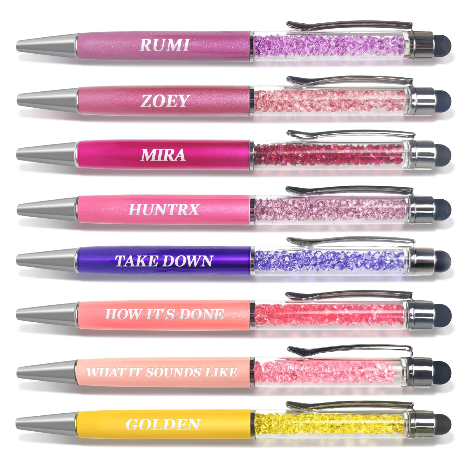 BIEDRTY Kpop Merch Rumi Zoey Mira Pen Set - 8 PCS Ballpoint Pens with Stylus Tip, Color-Themed Design with Engraved Names, for Kpop Birthday