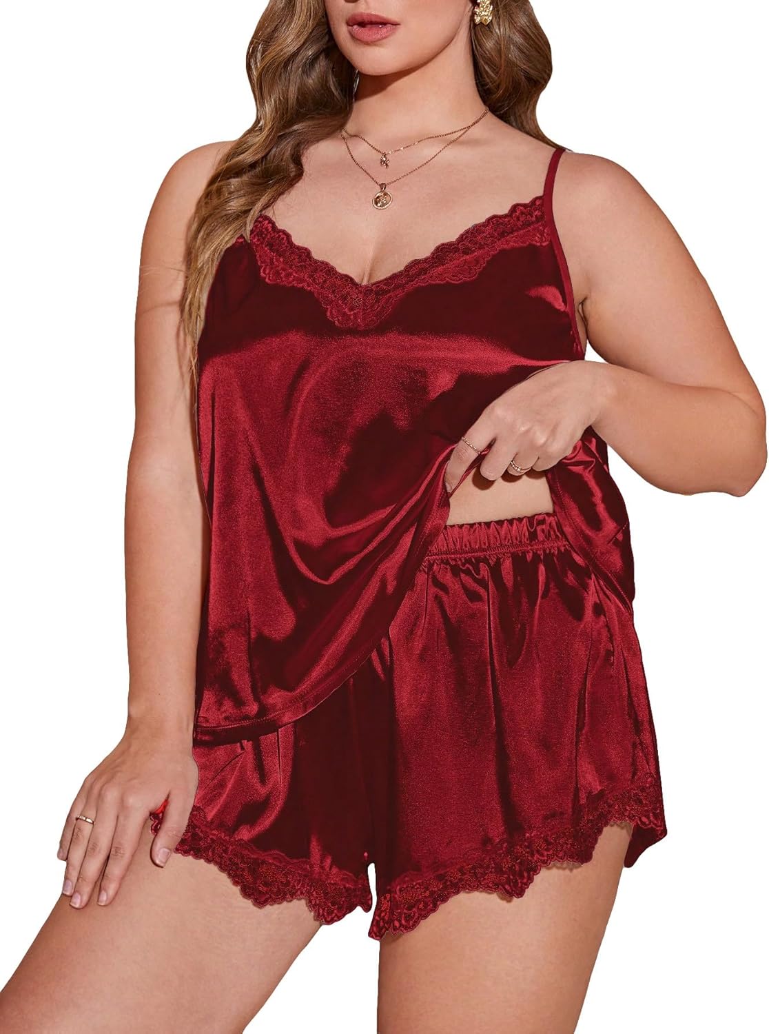 OYOANGLE Women's Plus Size 2 Piece Pajama Satin Lace Trim Cami Top and Shorts Sleepwear Set