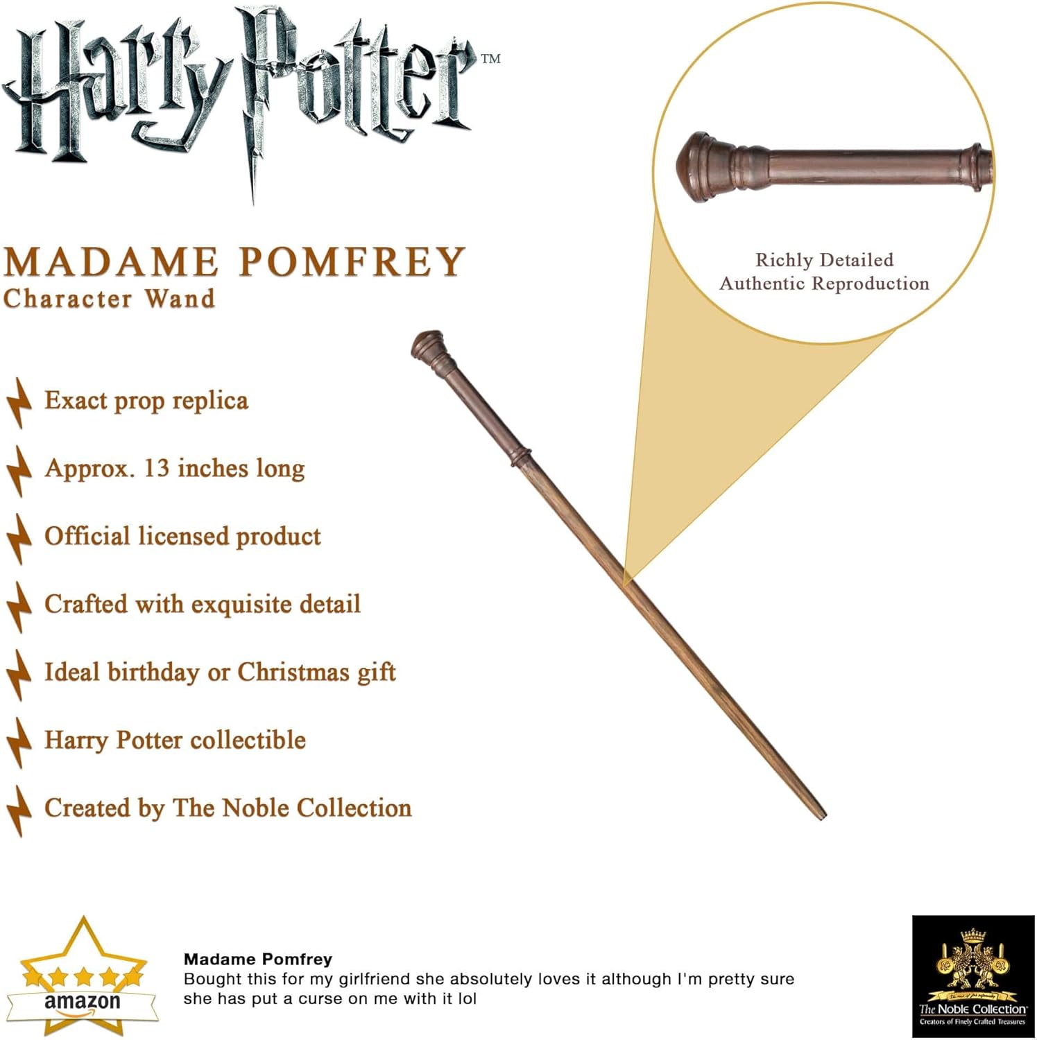 The Noble Collection - Madam Pomfrey Character Wand - 13in (32cm) Wizarding World Wand with Name Tag - Harry Potter Film Set Movie Props Wands