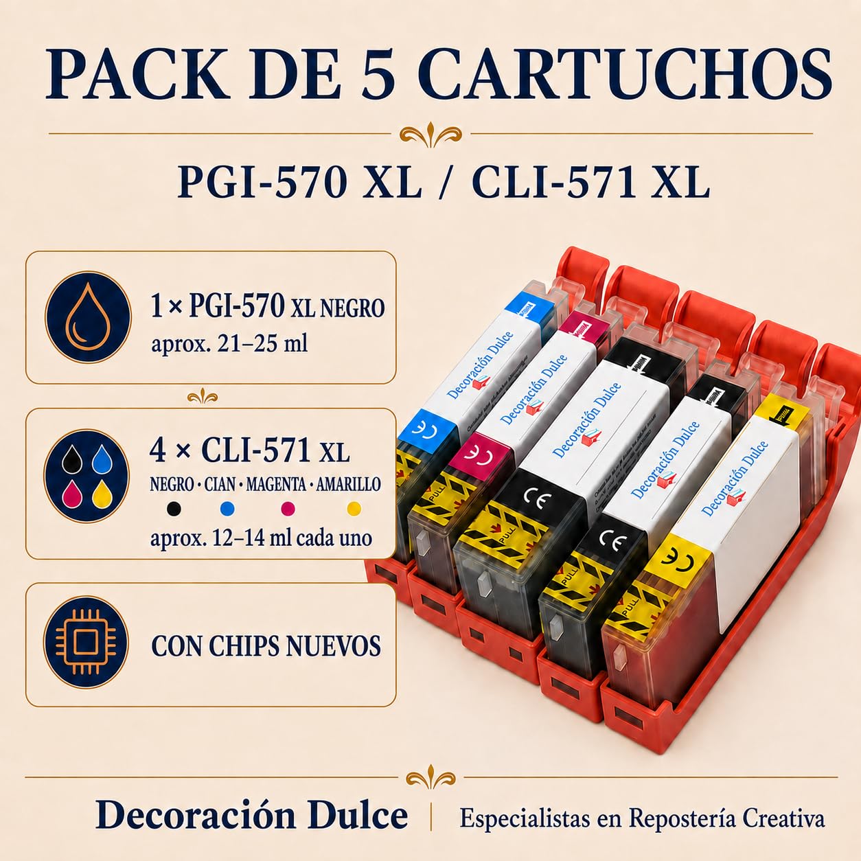 5 X Cartuchos Comestibles compatibles con Canon PGI-570XL Y CLi-571XL. Revisar compatibilidades Antes de Comprar