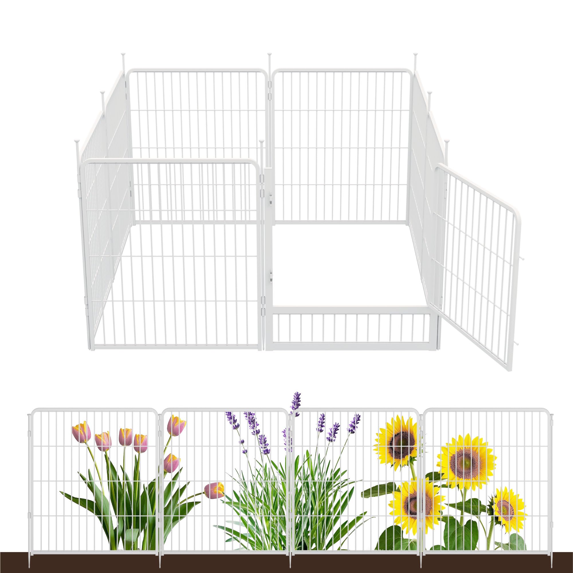 Decorative Garden Fence with Gate 80 cm(H) x 5.4 m(L) 8 Panels, Heavy Duty Metal Animal Barrier Fence for Yard, Flower Bed Fencing, Garden Border Fences, Easy Set Up, White