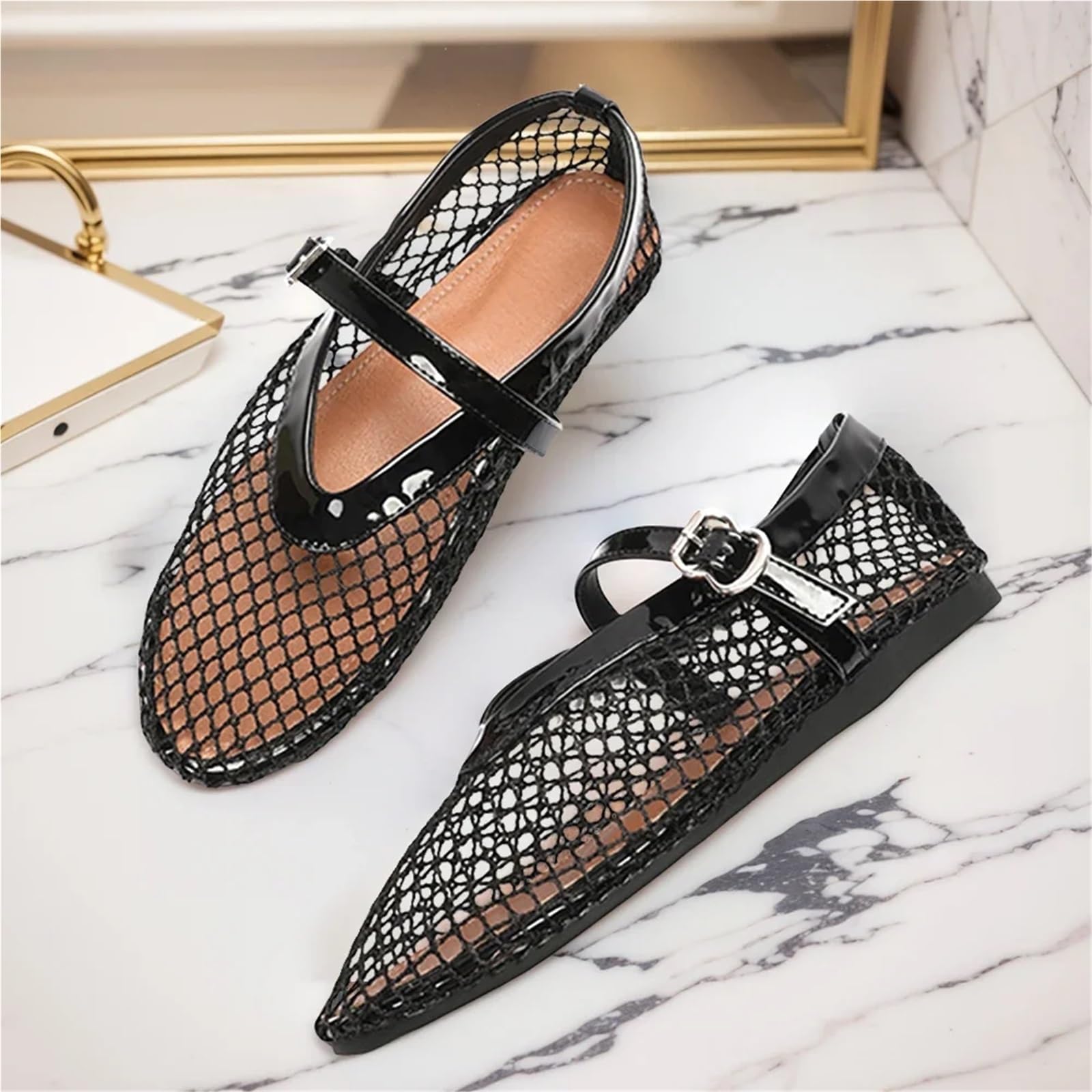 Damen Mesh-Ballerinas, Fischnetz-Ballerinas, Bequeme Schuhe mit runder Spitze, atmungsaktiv, lässig, for Gehen for den Weg zur Arbeit Für Damen