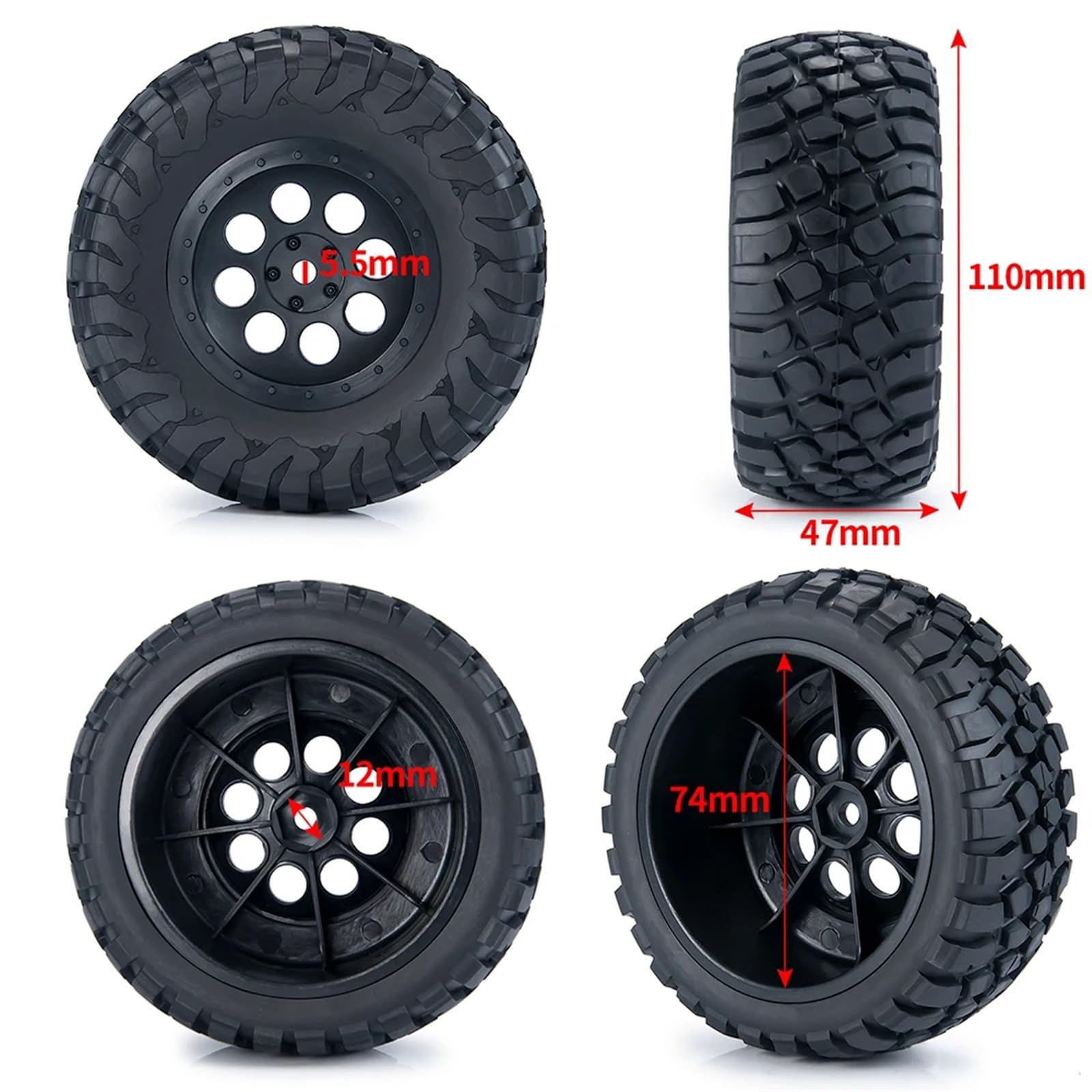 RC Pneus Jante Compatible avec Slash pour VKAR 10SC 1/10 RC, Pièces De Mise À Niveau De Voiture De Course Courte, 4 Pièces, Pneus en Caoutchouc 110x47mm, Jeu De Jantes en Plastique