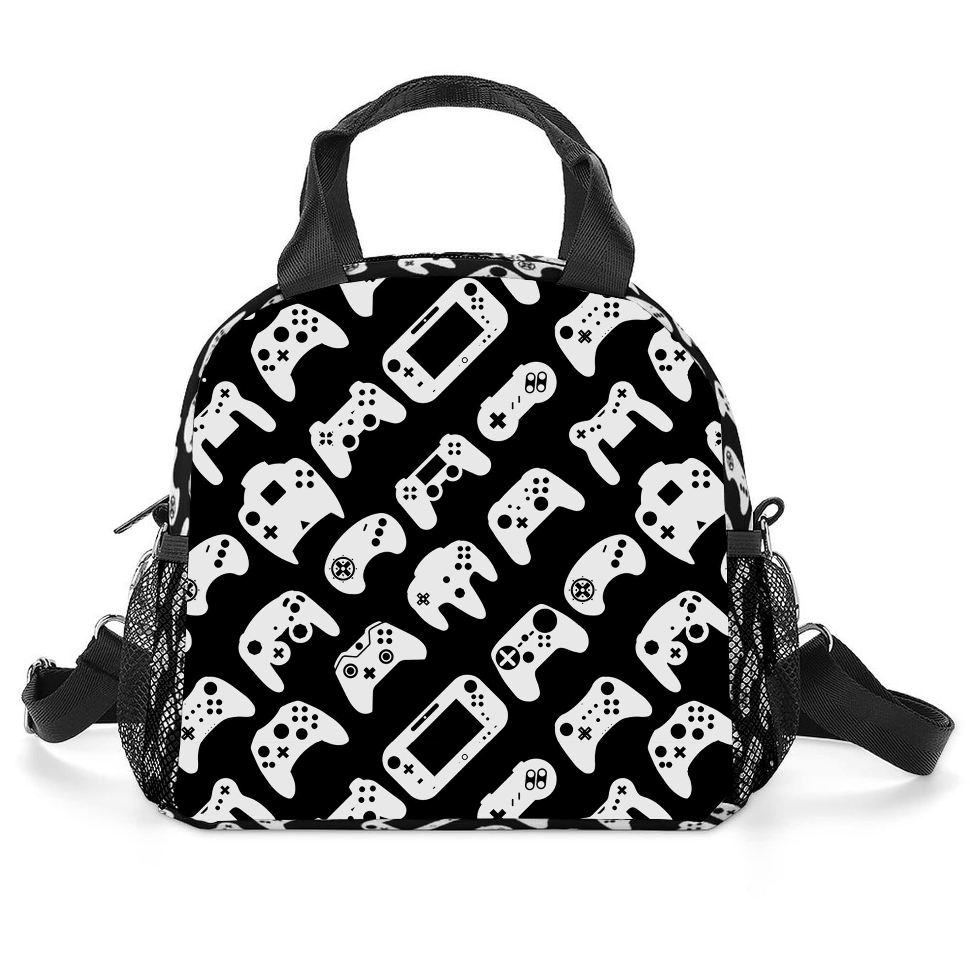 Gamer Insulated Lunch Bag for Men Women, Video Game Durable Lunch Box with Side Pocket for Boys Girls Reusable Lunch Bag Portable Lunch Tote Bag with Shoulder Strap for Men Women