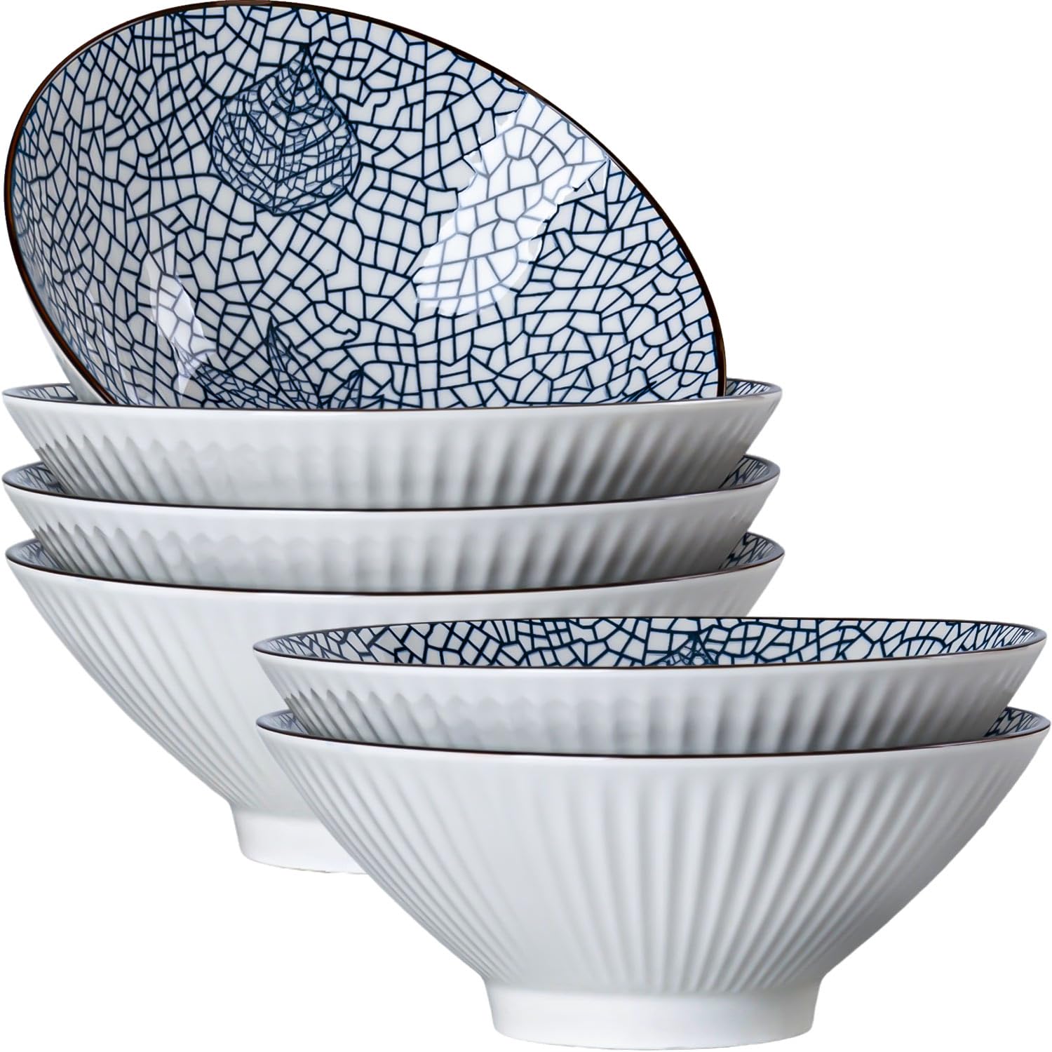 Dyware 38 oz Japanese Ramen Bowls Set of 6, Large Pho Bowls, 8 Inch Ceramic Blue and White Soup Bowls, Leaf Pattern