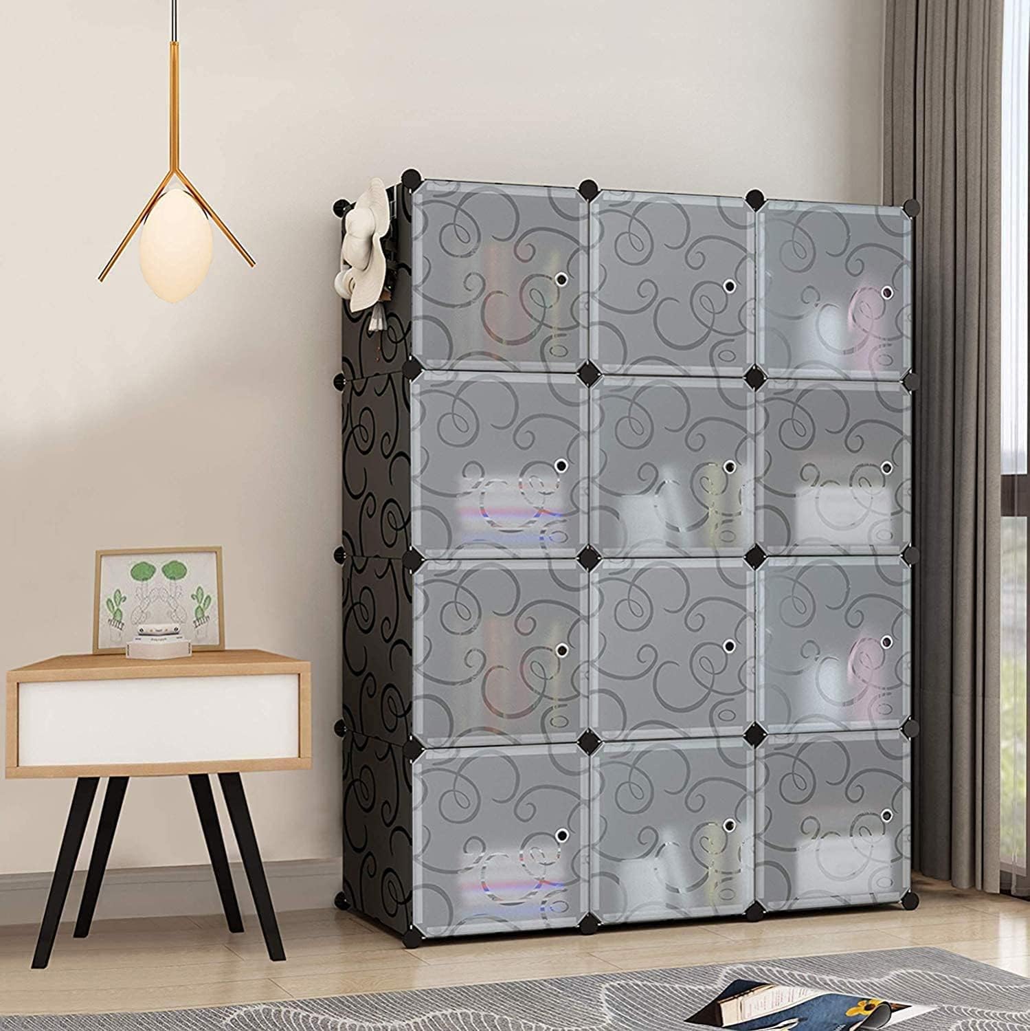 12 Cube Storage Organizer - 14x14 inch DIY Closet Storage Organiser with Doors, Portable Wardrobe, Plastic Cube Closet Storage Shelves for Shoes Clothes Toys Books (12 Cubes)