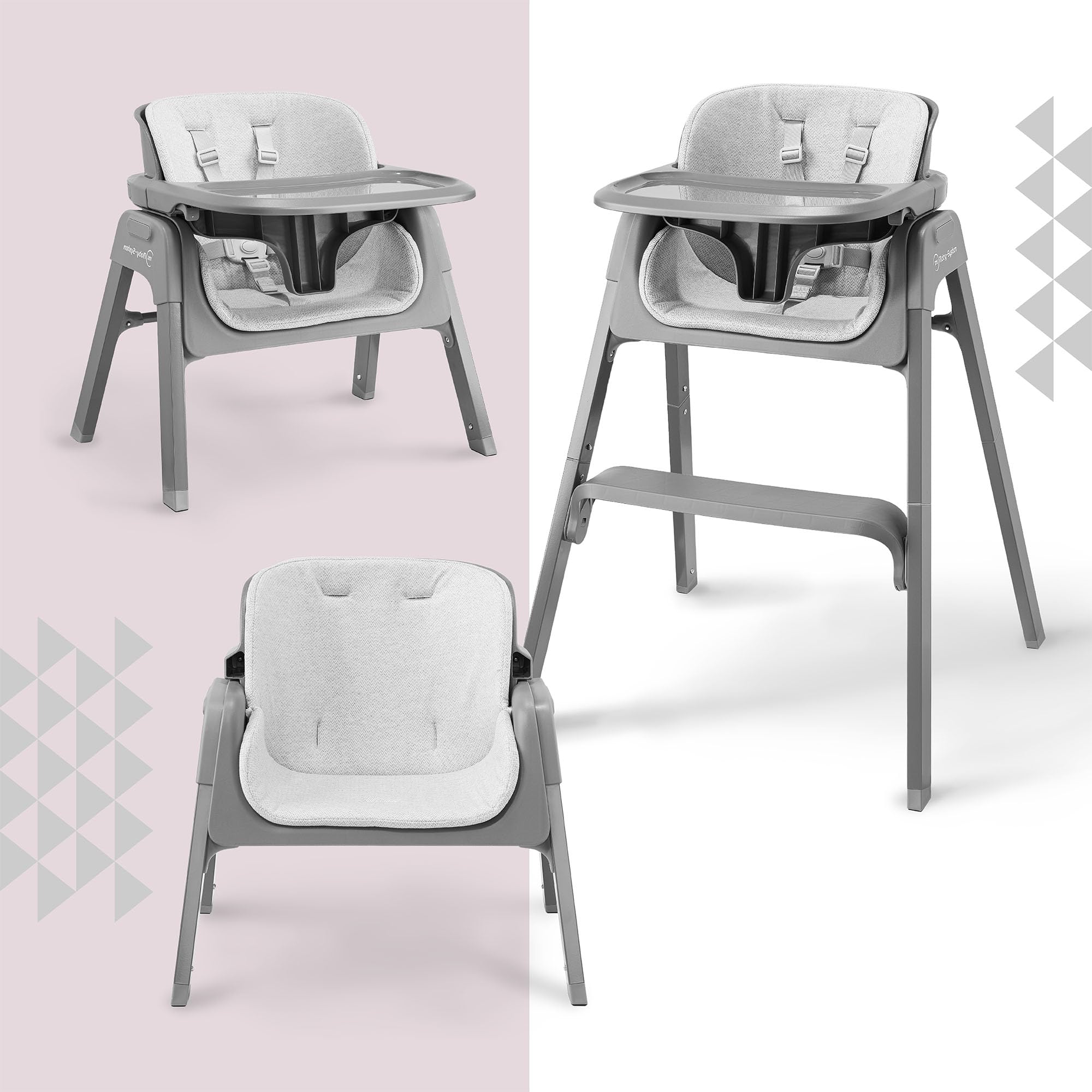 Moby-System Noxi 3w1 Składane Krzesełko do Karmienia Szare, Dwupoziomowe dla Dziecka od 6 Miesięcy, Wysokie i Niskie z Tacką, Nowoczesny Design