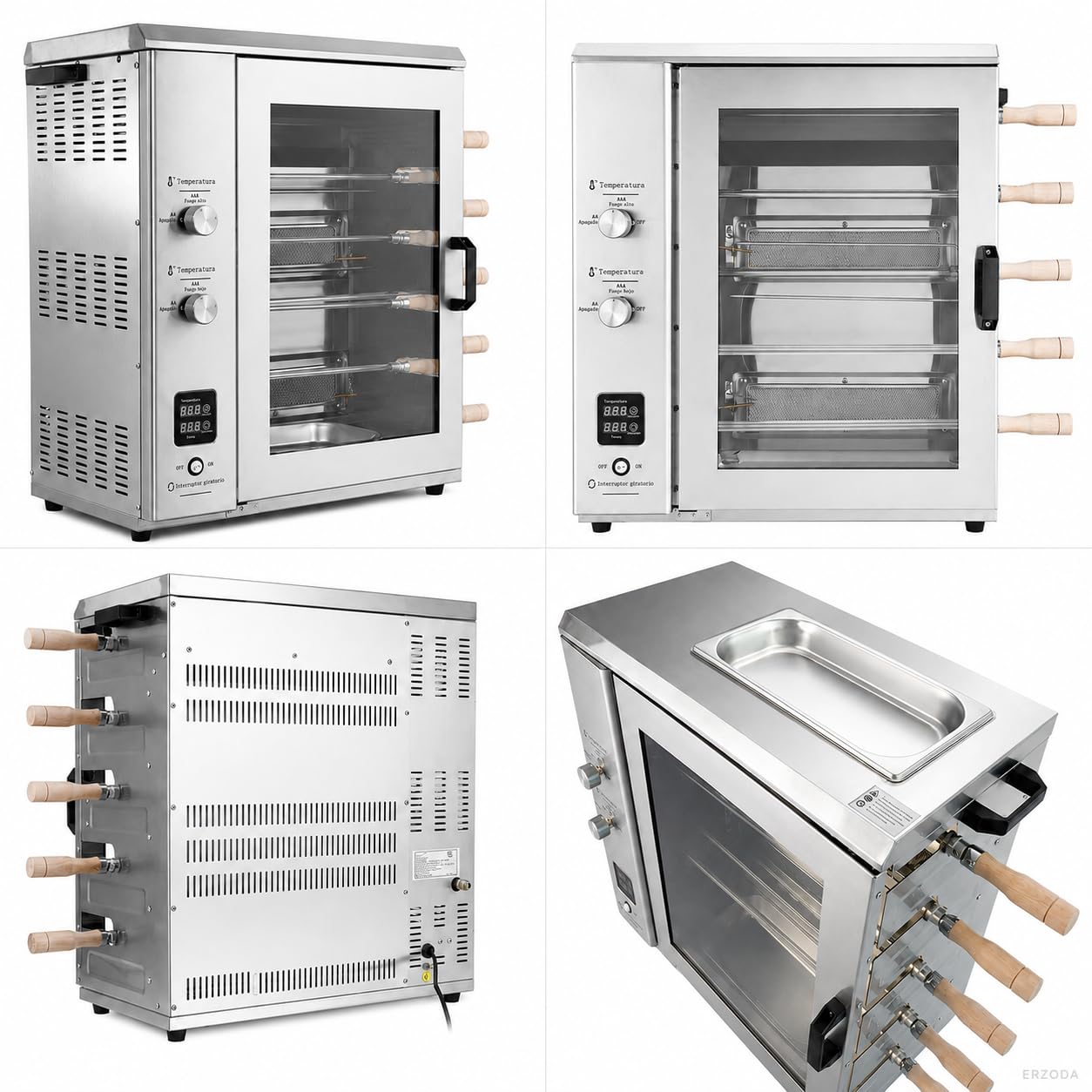 Asador de Pollos Profesional a Gas GLP, Horno Rotativo de Sobremesa con 5 Brochetas, Acero Inoxidable y Puerta de Vidrio