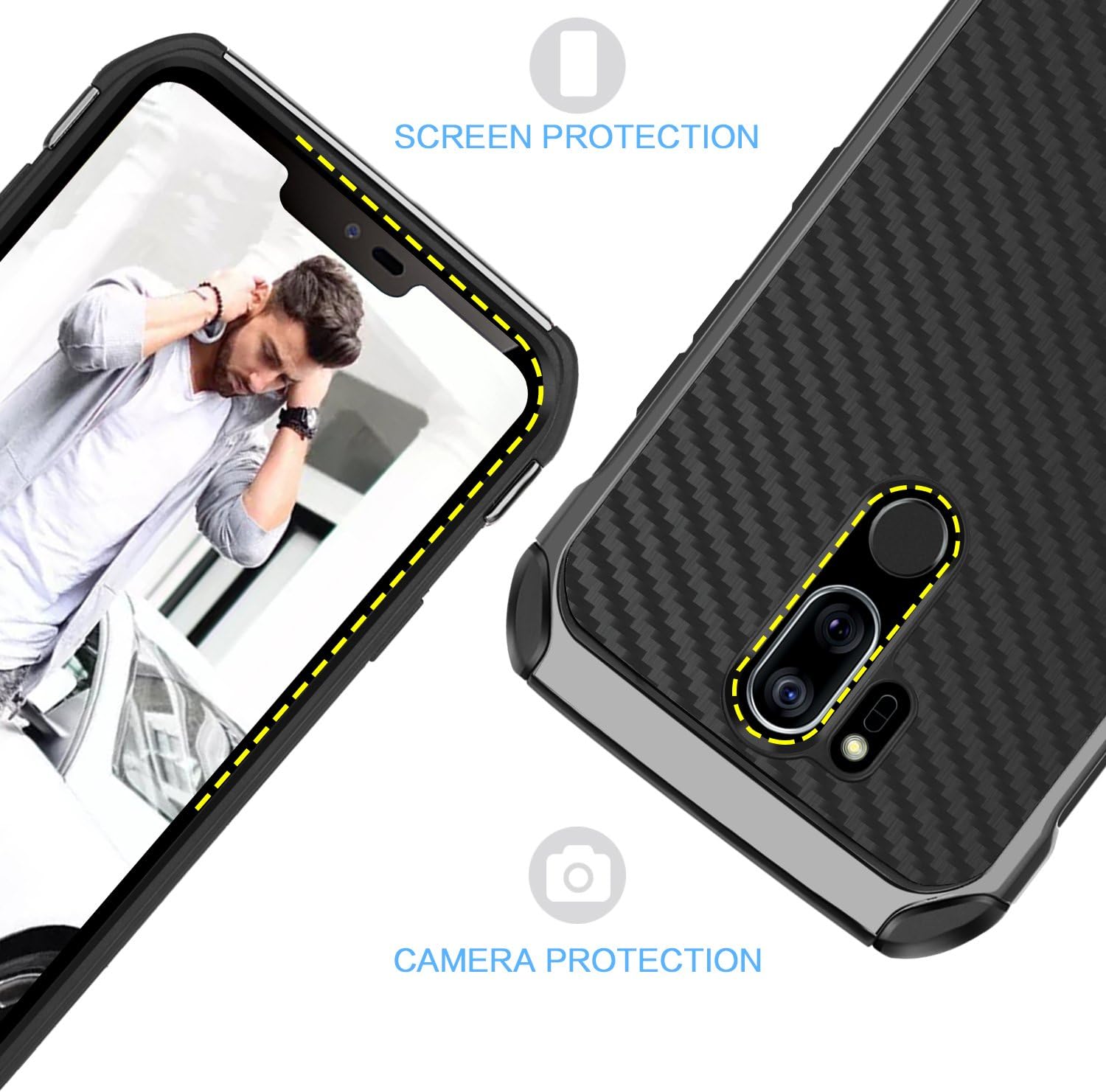 BENTOBEN Case for LG G7, Case for LG G7 ThinQ, Slim Heay Duty 2 in 1 Hybrid Hard PC Soft TPU Bumper Carbon Fiber Texture Shockproof Cover Protective Case for LG G7 ThinQ/LG G7, Black