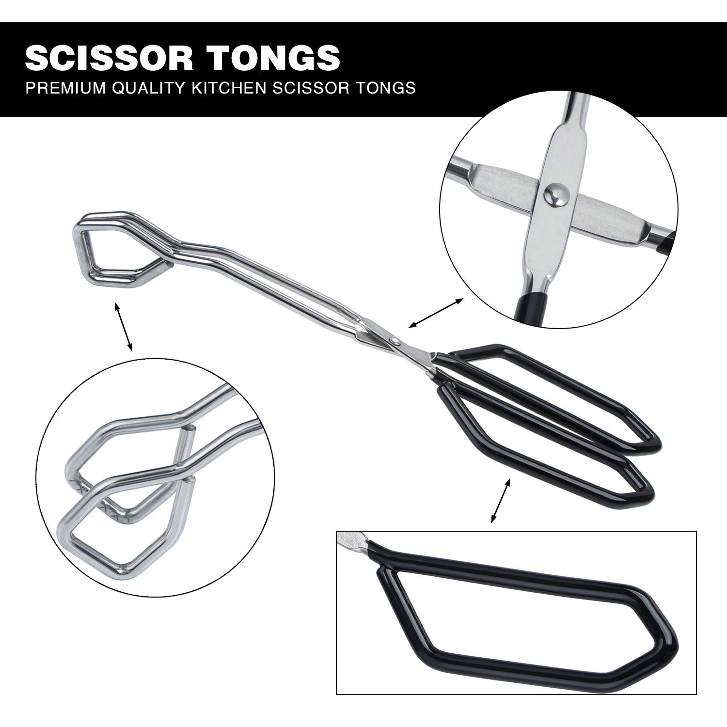 MSY BIGSUNNY Stainless Steel Scissor Tongs Heavy Duty Cooking Tongs with Soft Handles (2, Black 11" +11") - Image 2
