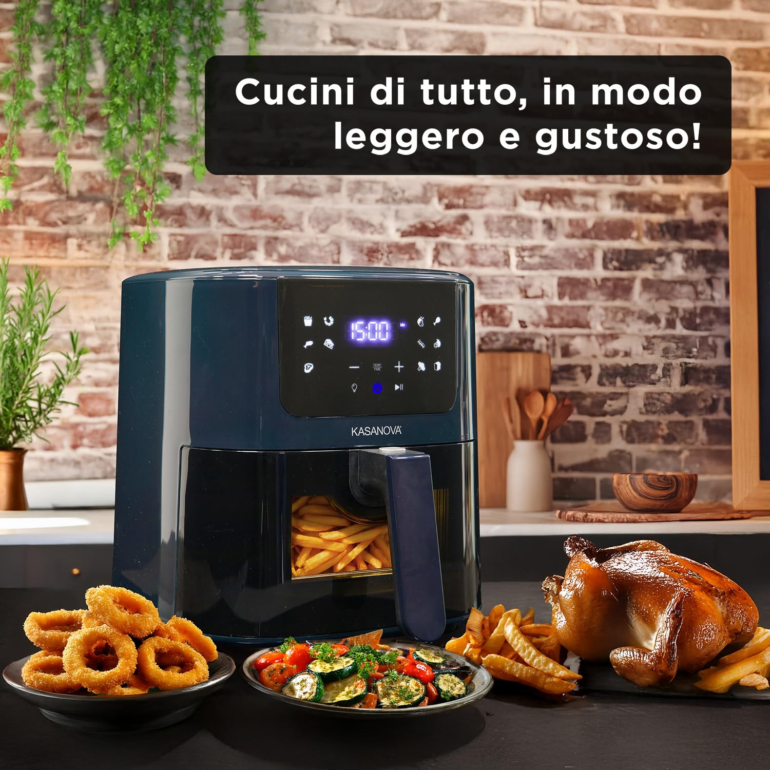KASANOVA Friggitrice ad aria display digitale 12 programmi, capacità 5 L con finestra trasparente, cottura leggera senza olio e fumo, 1500 W (Blu)