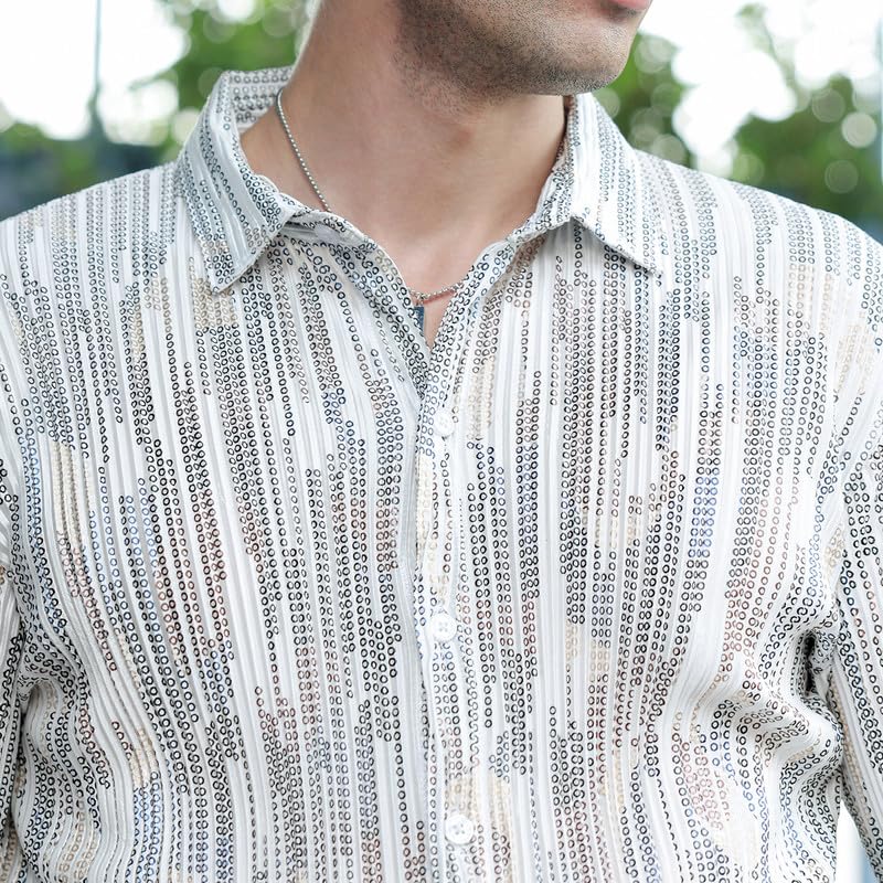 Image of CAHOOT Men Shirt | Spread Collar, Long Button-Cuff Sleeves | Button, Curved Hem | Geometric Print Pleated | Woven Fabric for Casual Ivory White