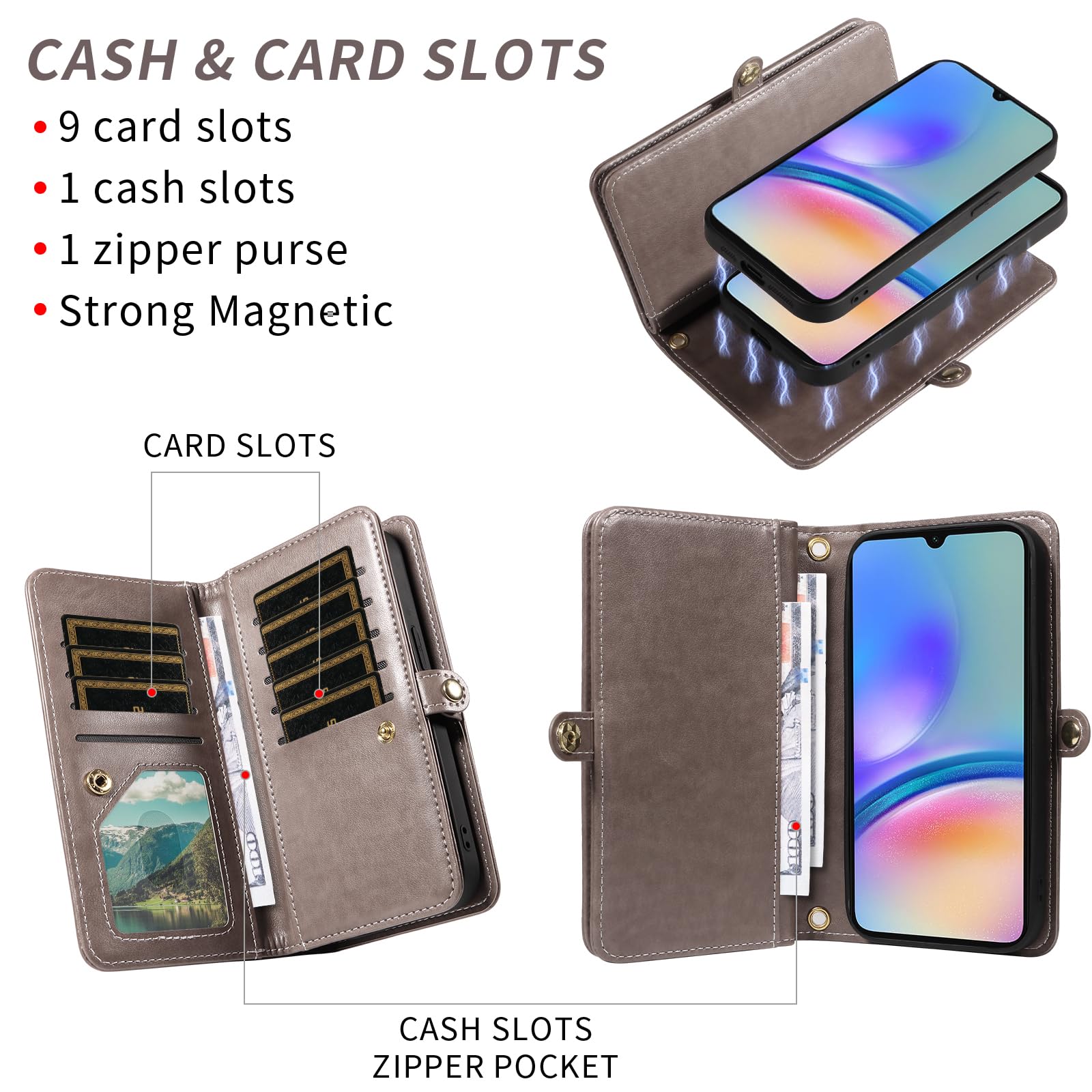 Asuwish Custodia per Samsung Galaxy A05s/A05, con pellicola protettiva, scomparto per carte di credito, pieghevole, in pelle, motivo floreale, con supporto, chiusura lampo, grigio