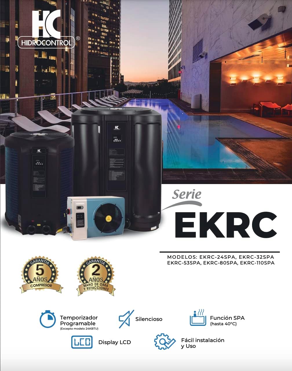 Heat Pump for Swimming Pool Jacuzzi SPA Brand HIDROCONTROL, EKRC Series, 24,000 BTU, 1 Phase, 230 VOLTS, With Heat Functions - SPA, (EKRC-24SPA/1230)