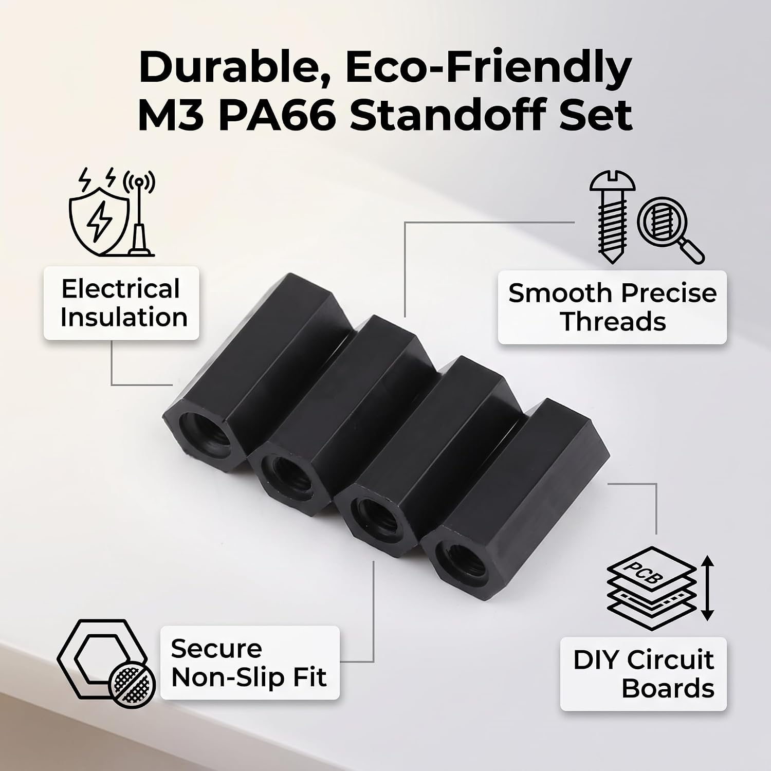 100Pcs M3 Female to M3 Female Hex Threaded Standoff Spacer Pillar 8mm 10mm 12mm 15mm Nylon Black for Mounting Between PCB Circuit Boards and Machine Boards (12mm)