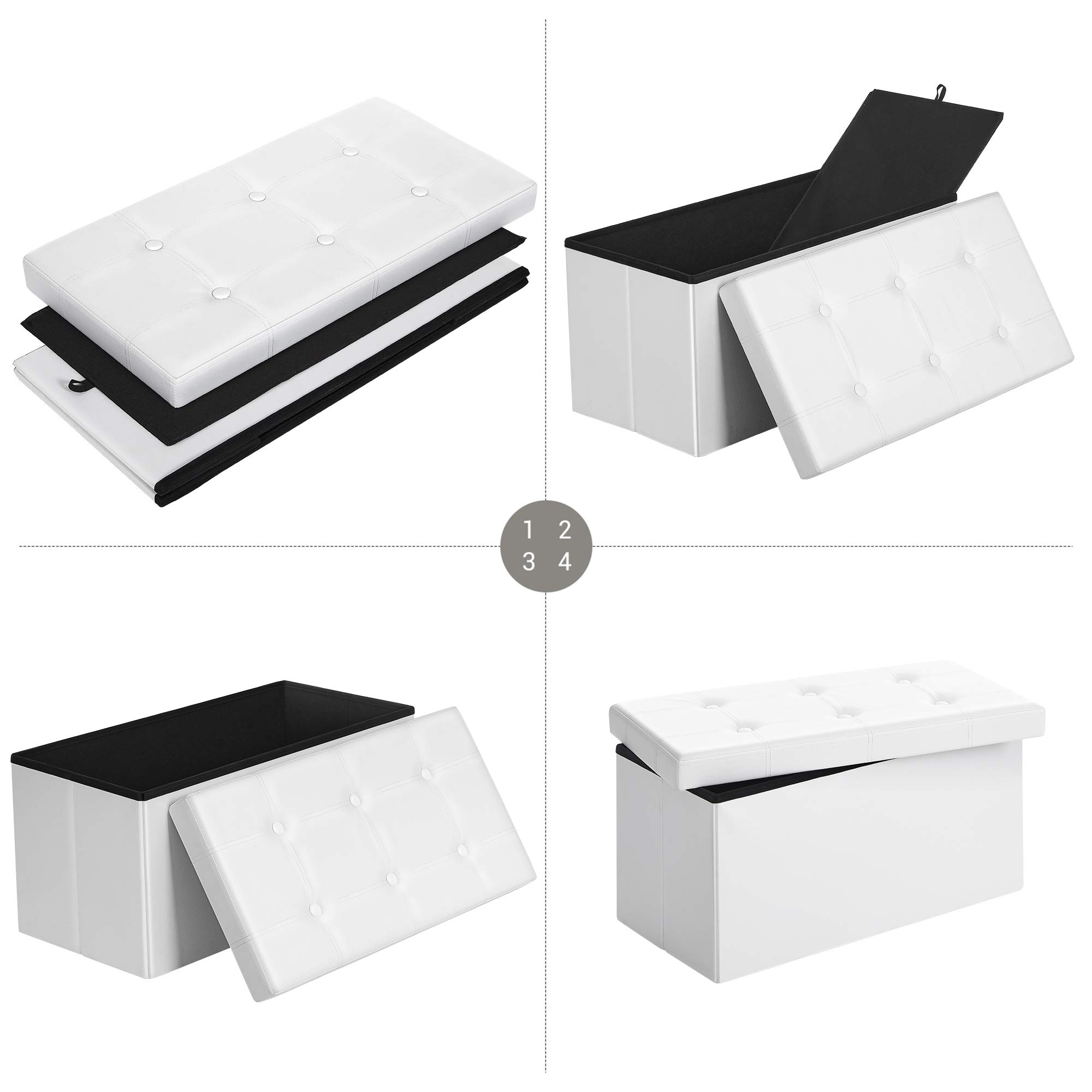 SONGMICS Cassapanca Contenitore 80L, Pouf Contenitore, Panca Poggiapiedi Pieghevole, Capacità di Carico di 300 kg, Rivestimento in Similpelle, Seduta Imbottita, Bianco LSF106