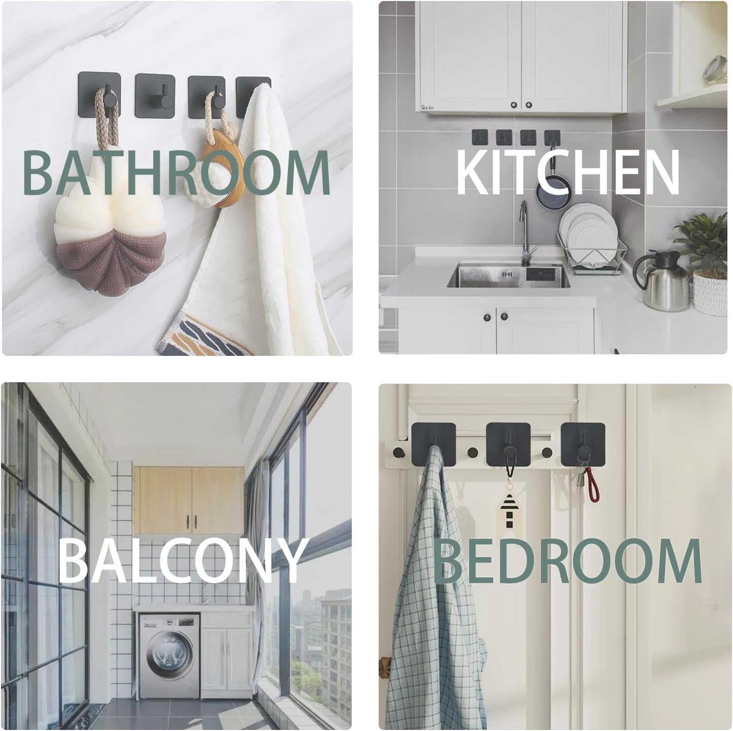 3 M Adhesive Wall Hooks for Hanging Heavy Duty Towels Hangers Black Robe for Bathroom Kitchen Clothes Keys Sticky Home Storage (Black,6 Pack)